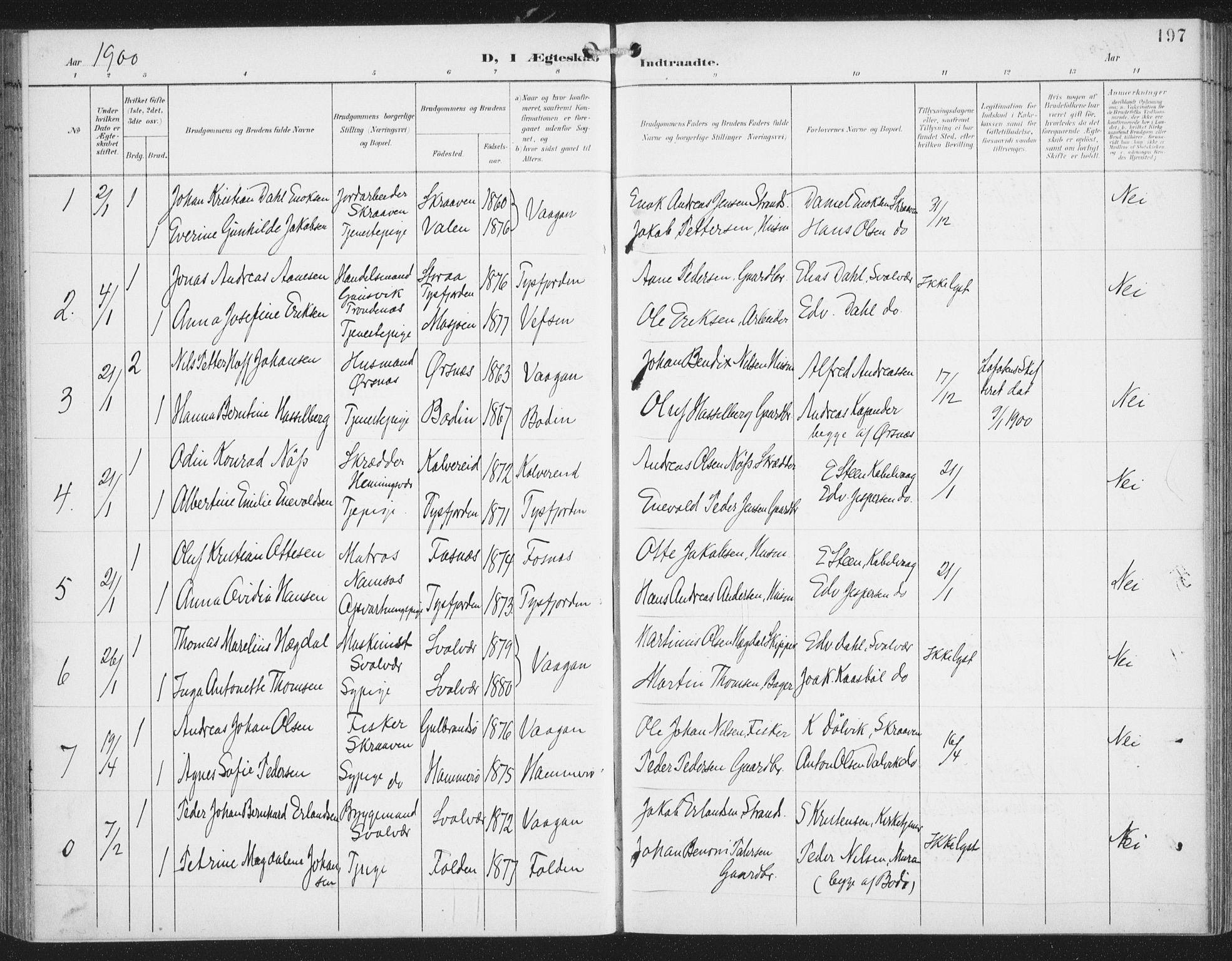 Ministerialprotokoller, klokkerbøker og fødselsregistre - Nordland, AV/SAT-A-1459/874/L1062: Parish register (official) no. 874A06, 1899-1907, p. 197