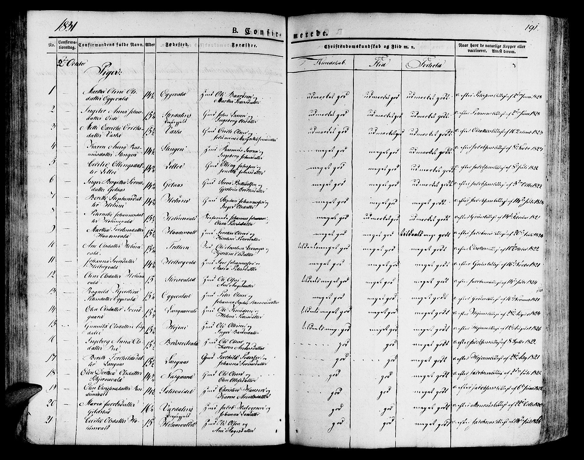 Ministerialprotokoller, klokkerbøker og fødselsregistre - Nord-Trøndelag, SAT/A-1458/717/L0152: Parish register (official) no. 717A05 /1, 1825-1836, p. 191