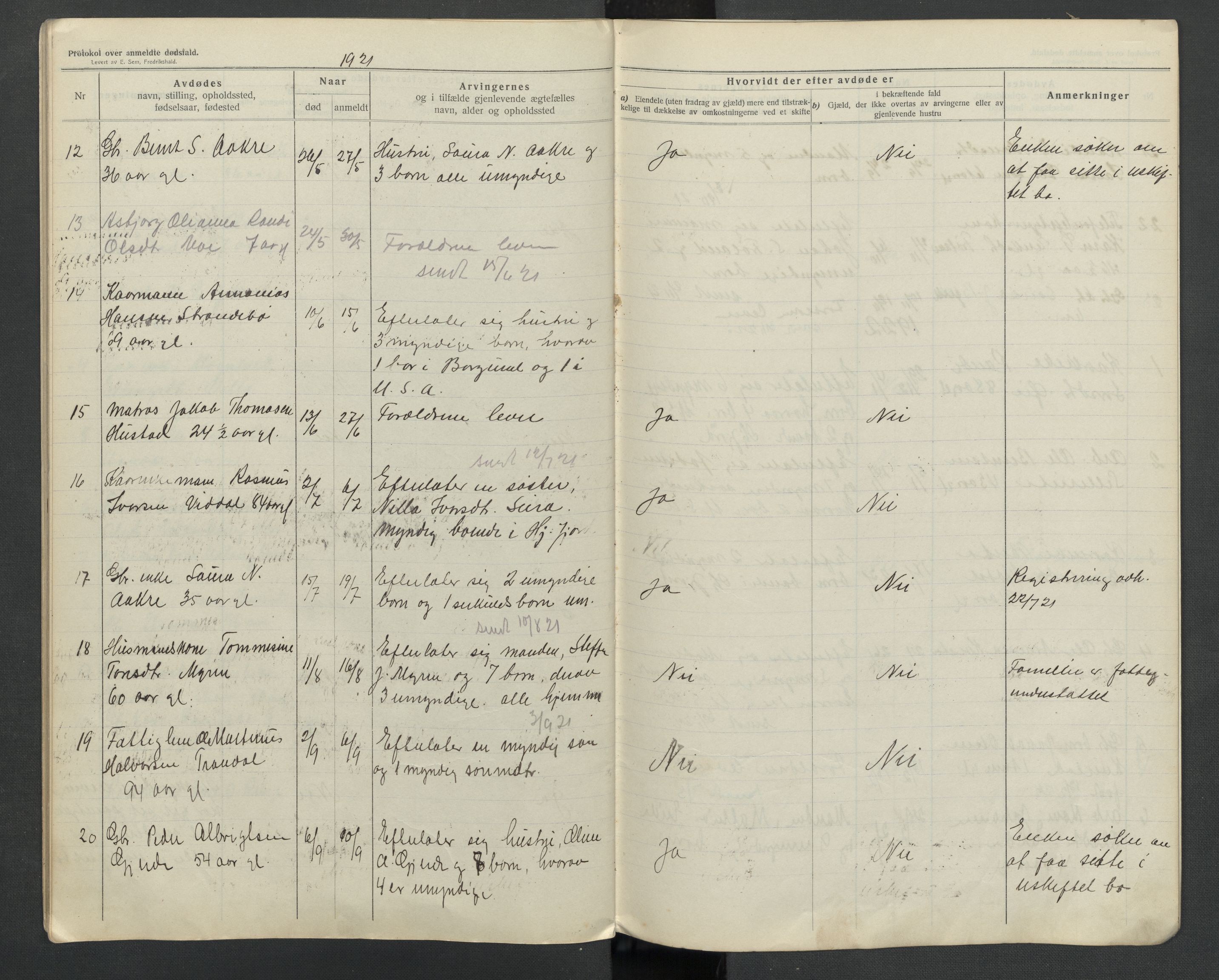 Hjørundfjord lensmannskontor, AV/SAT-A-5879/1/2/L0005: 2.2.02 - Dødsfallsprotokoll, 1913-1923