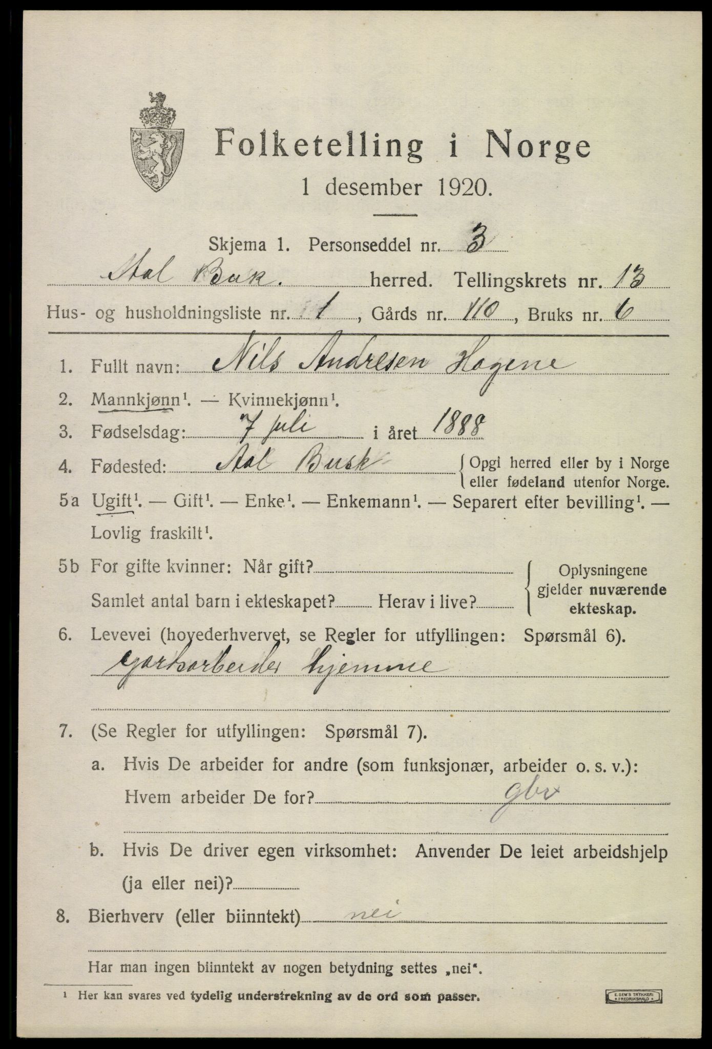 SAKO, 1920 census for Ål, 1920, p. 7178