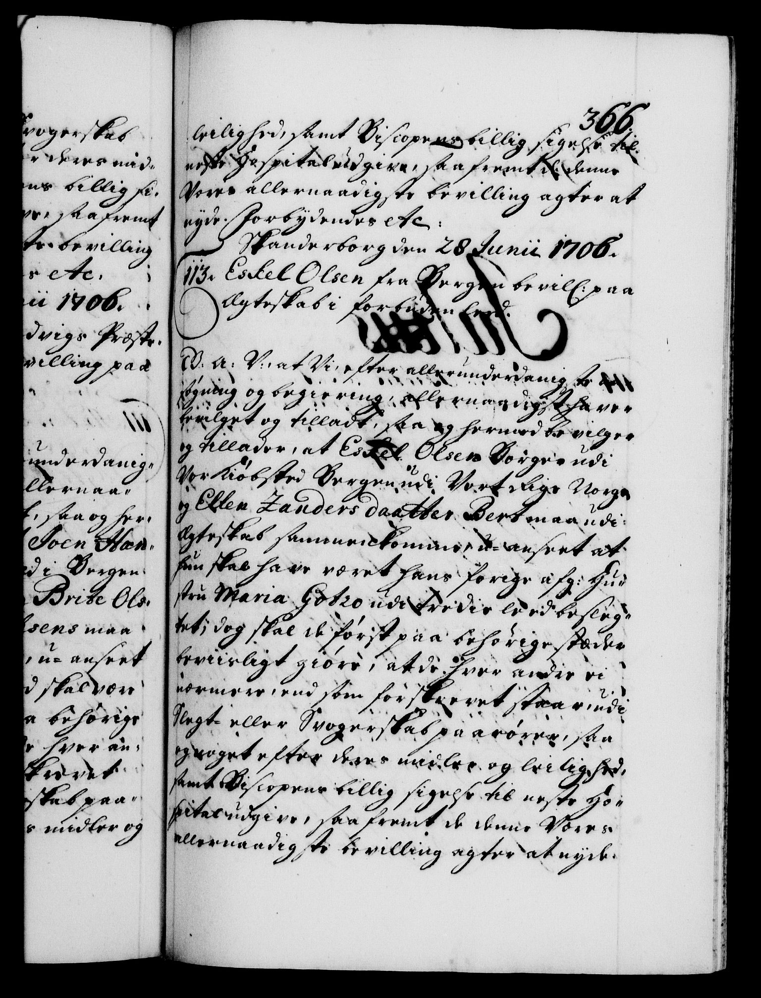 Danske Kanselli 1572-1799, RA/EA-3023/F/Fc/Fca/Fcaa/L0019: Norske registre, 1704-1707, p. 366a