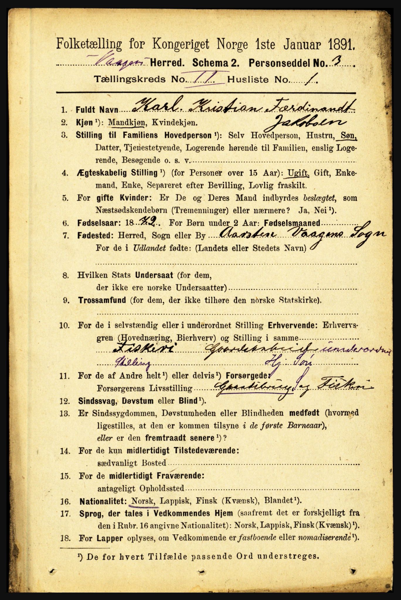 RA, 1891 census for 1865 Vågan, 1891, p. 418