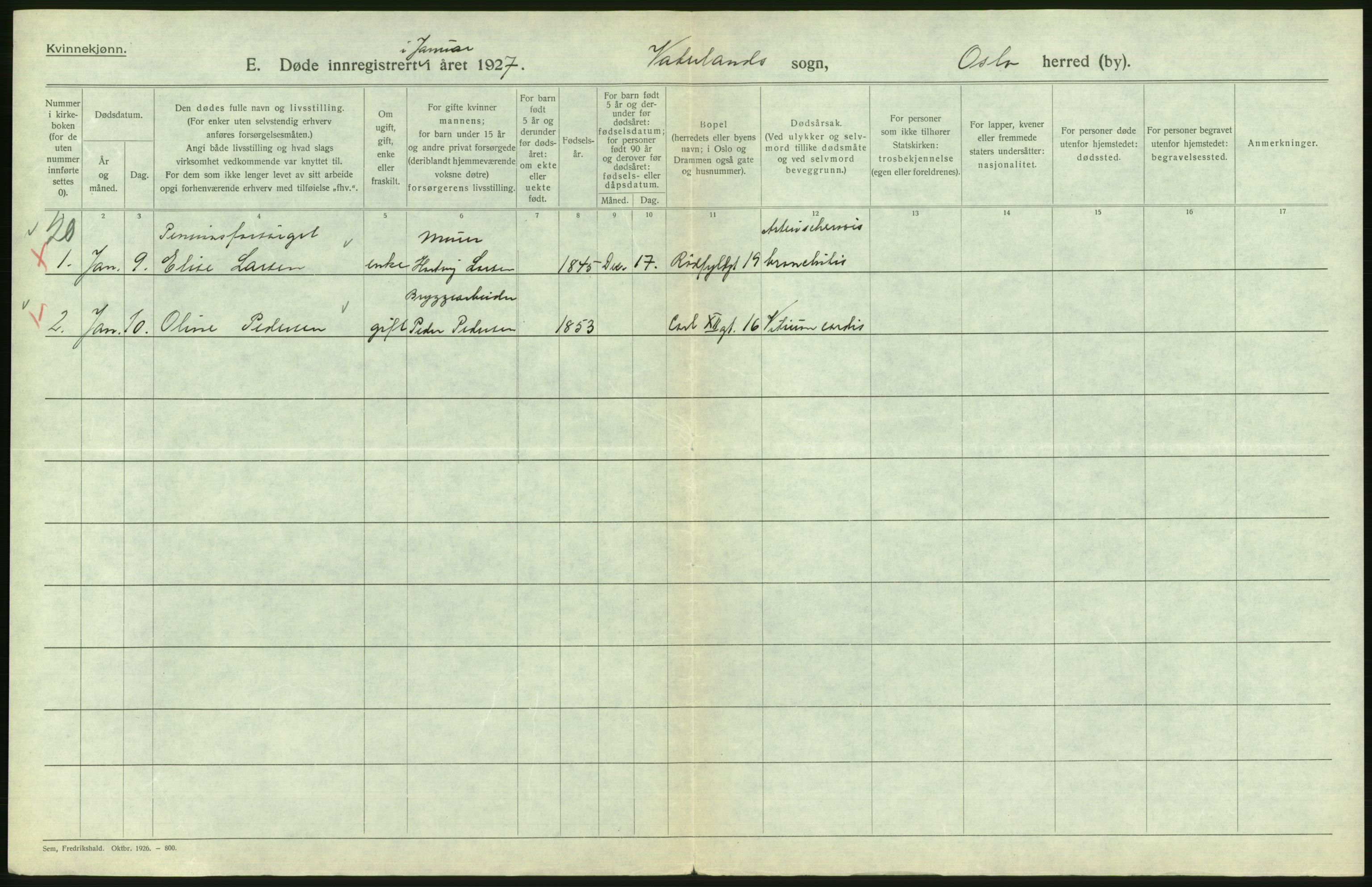 Statistisk sentralbyrå, Sosiodemografiske emner, Befolkning, AV/RA-S-2228/D/Df/Dfc/Dfcg/L0010: Oslo: Døde kvinner, dødfødte, 1927, p. 584