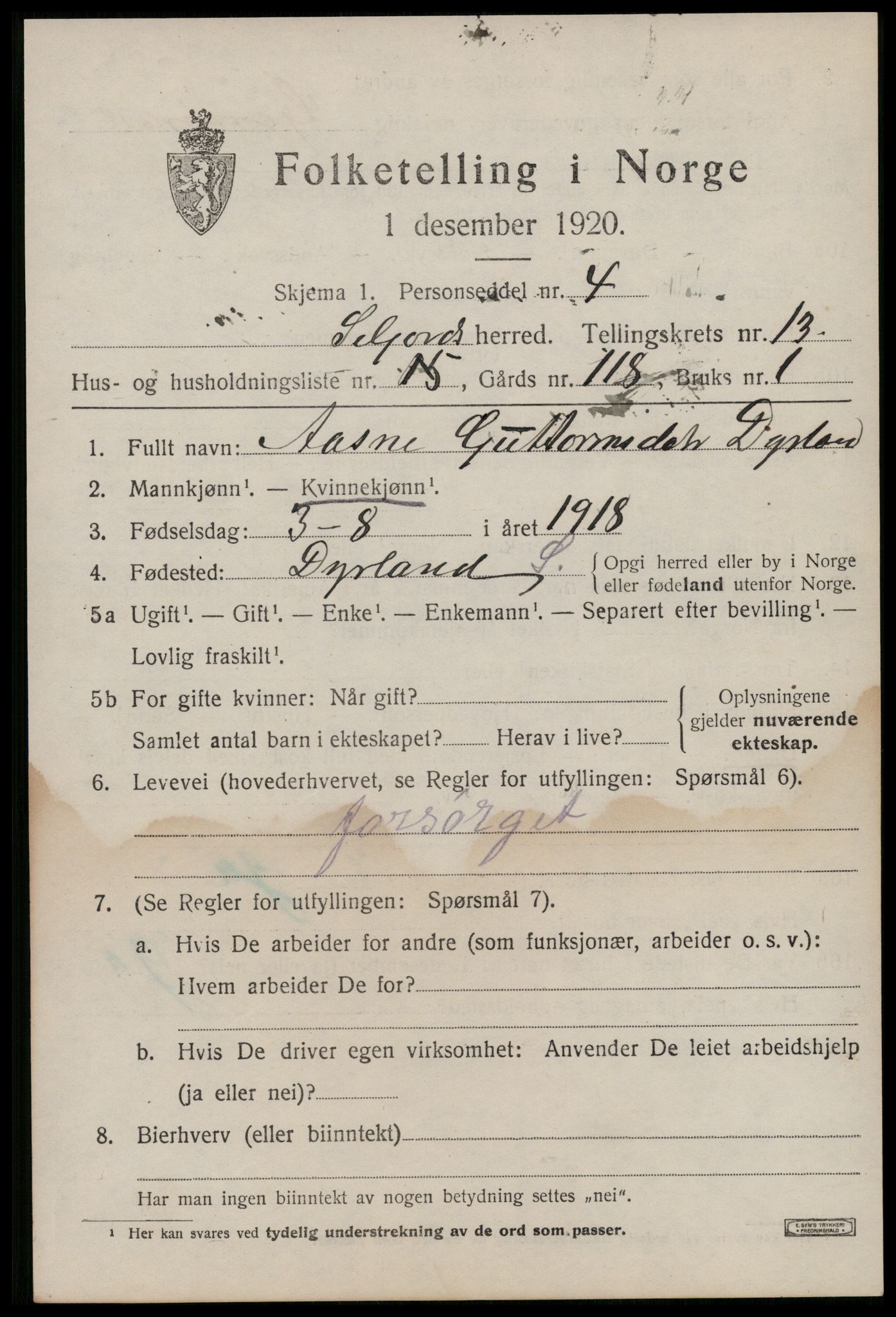 SAKO, 1920 census for Seljord, 1920, p. 6148