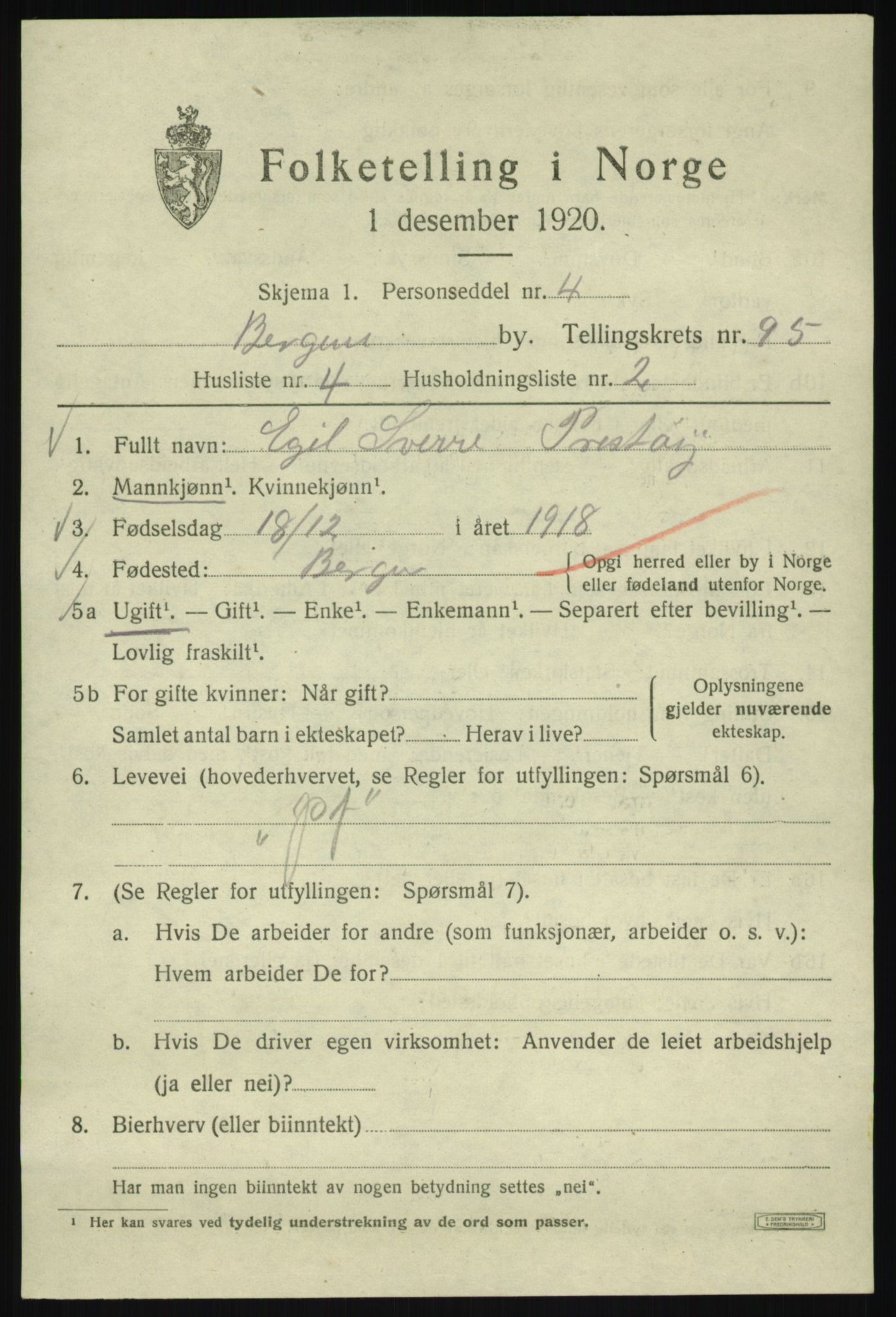 SAB, 1920 census for Bergen, 1920, p. 168752