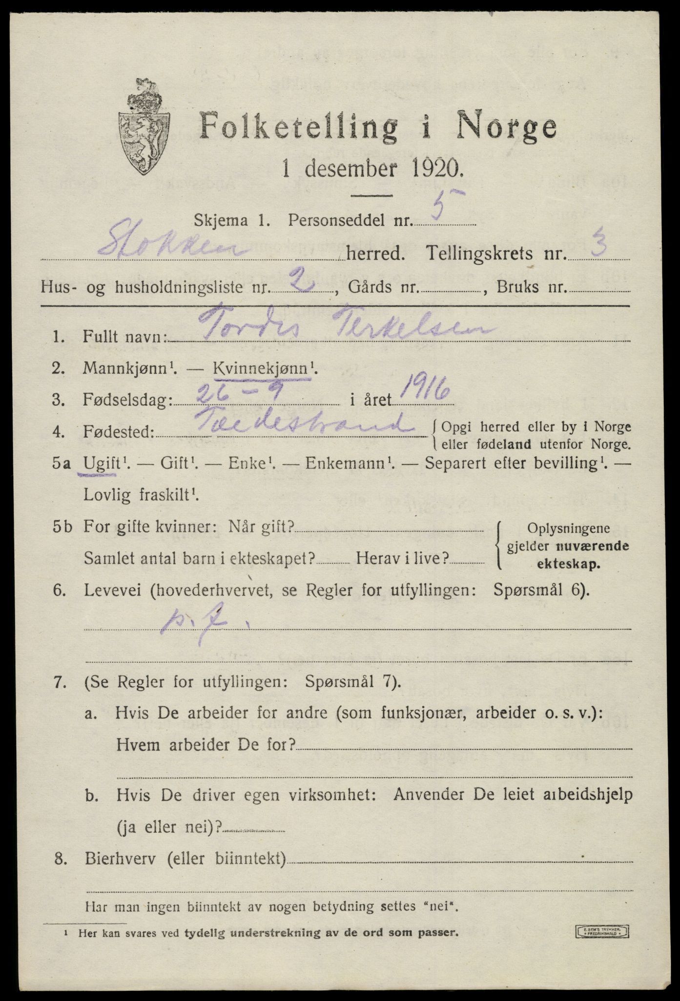 SAK, 1920 census for Stokken, 1920, p. 1982