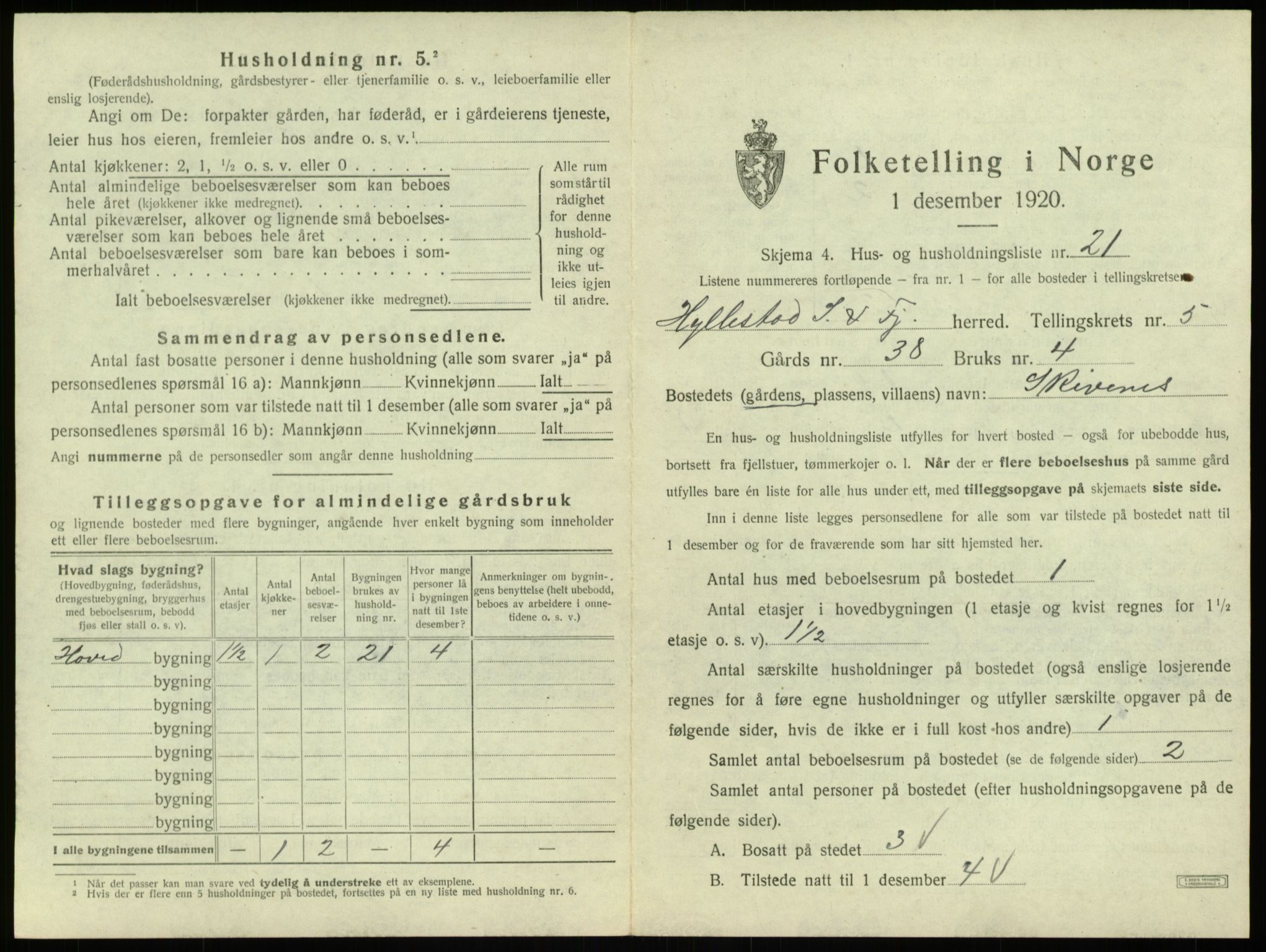 SAB, 1920 census for Hyllestad, 1920, p. 351