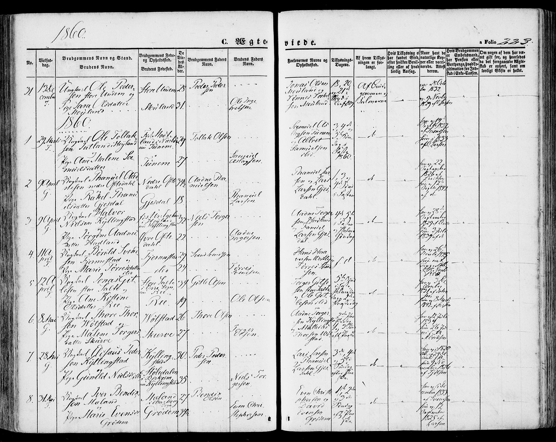 Lye sokneprestkontor, SAST/A-101794/001/30BA/L0007: Parish register (official) no. A 6, 1856-1871, p. 223
