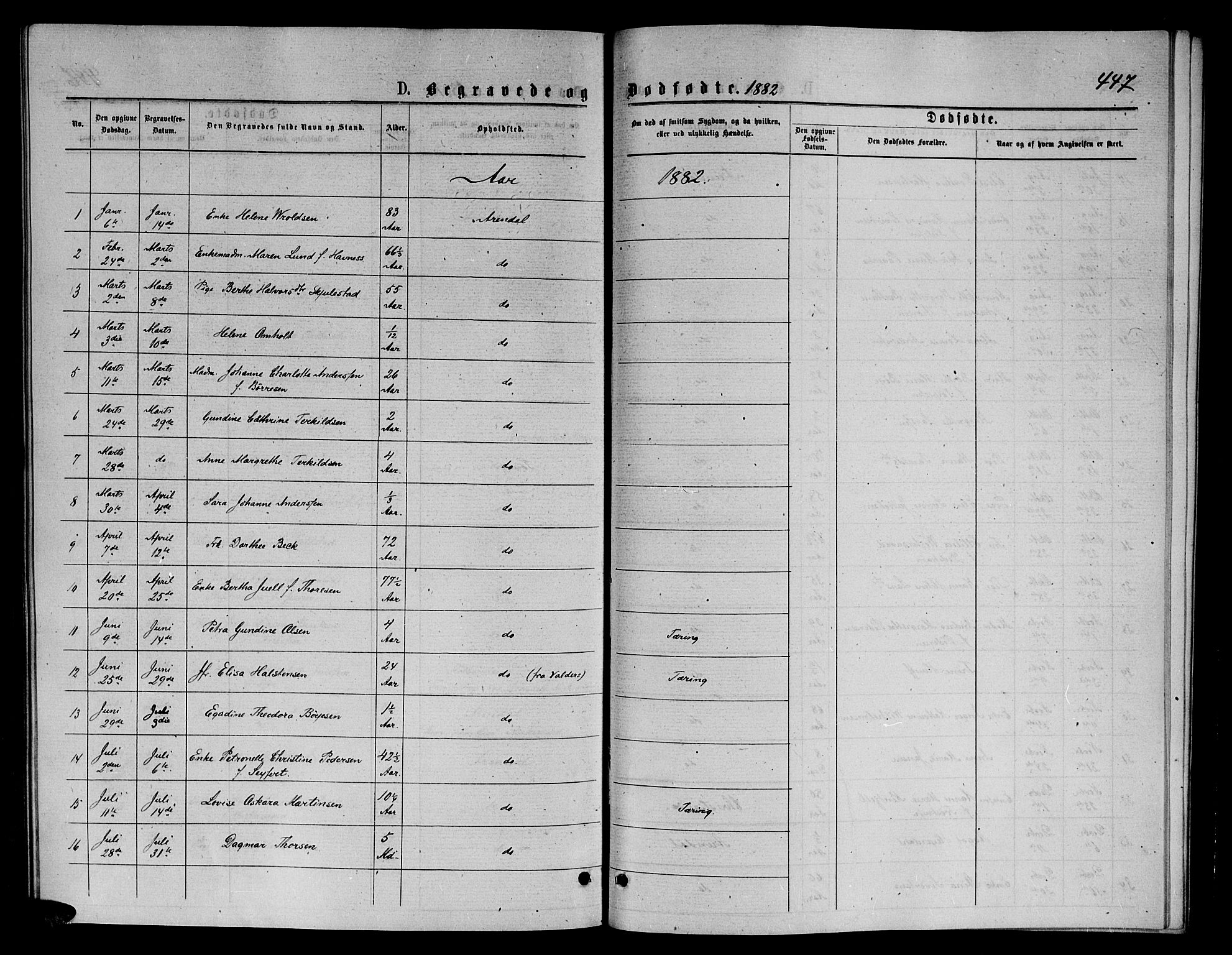 Arendal sokneprestkontor, Trefoldighet, AV/SAK-1111-0040/F/Fb/L0005: Parish register (copy) no. B 5, 1874-1888, p. 447