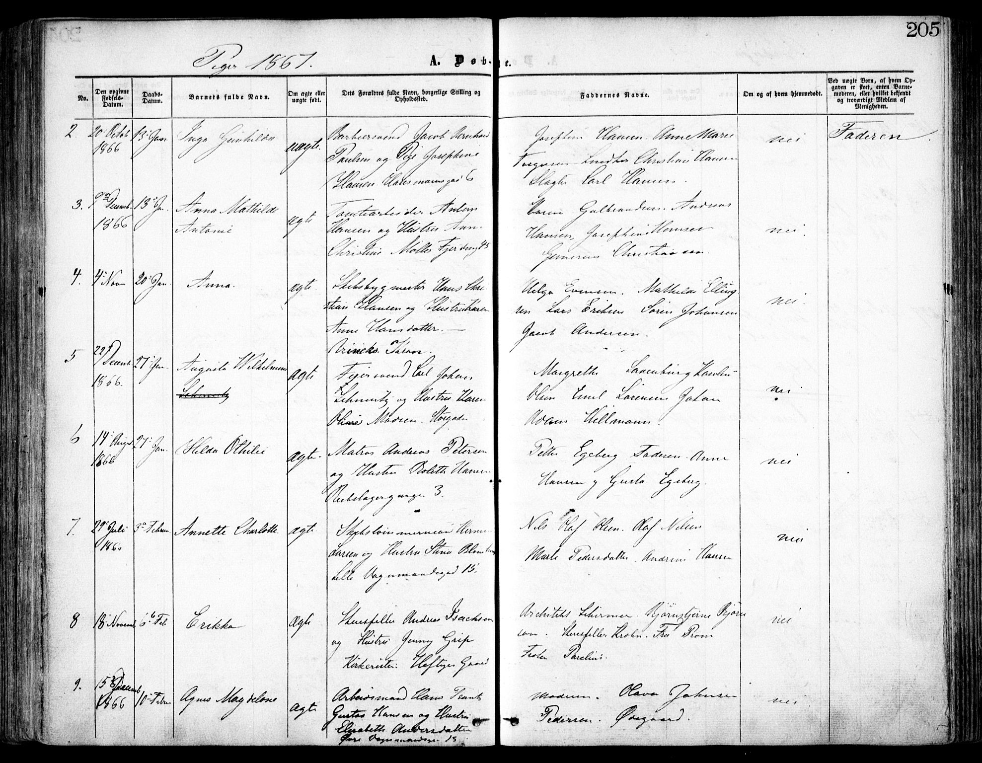Oslo domkirke Kirkebøker, SAO/A-10752/F/Fa/L0016: Parish register (official) no. 16, 1863-1871, p. 205