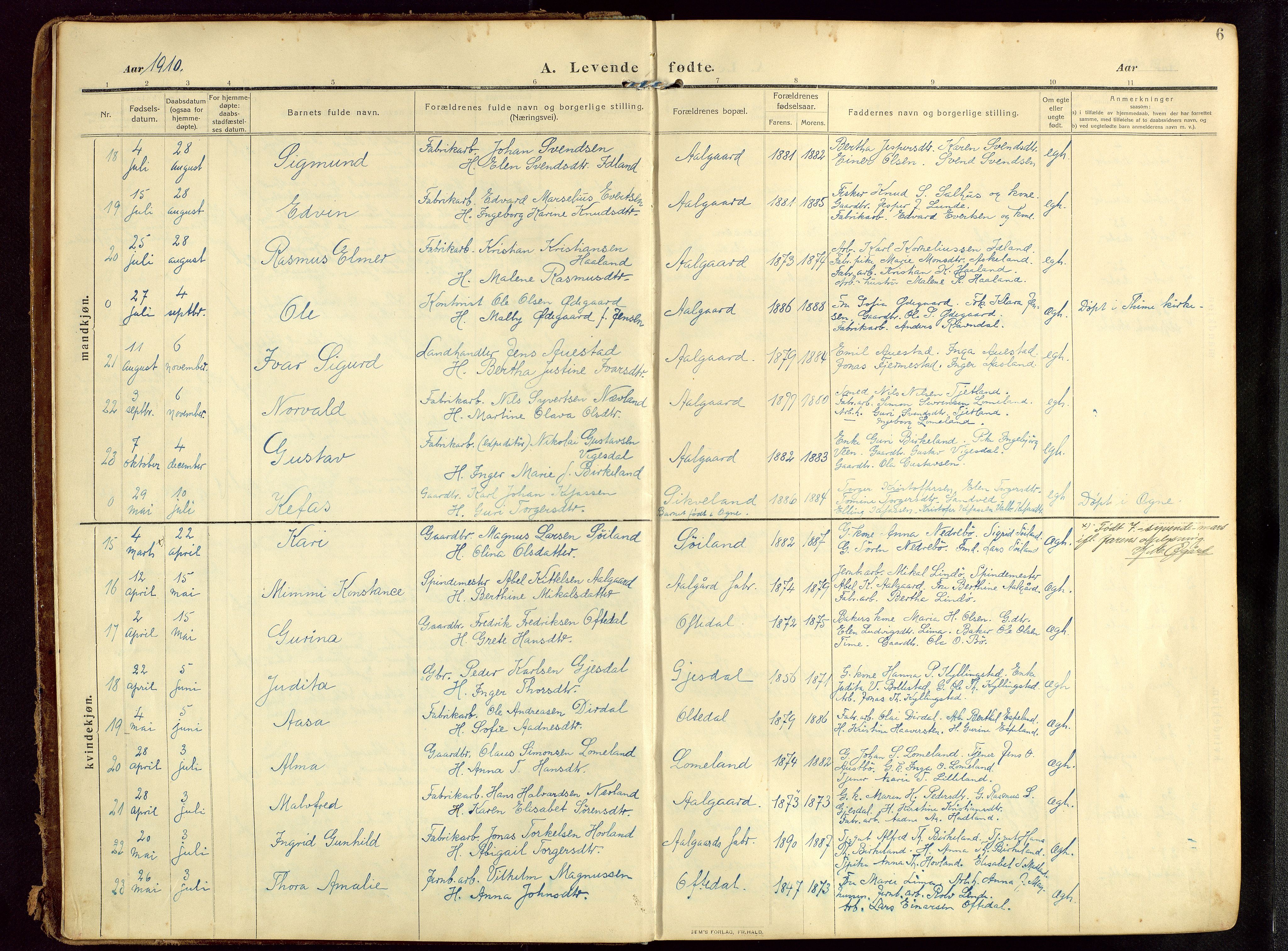 Lye sokneprestkontor, AV/SAST-A-101794/002/B/L0001: Parish register (official) no. A 13, 1910-1925, p. 6