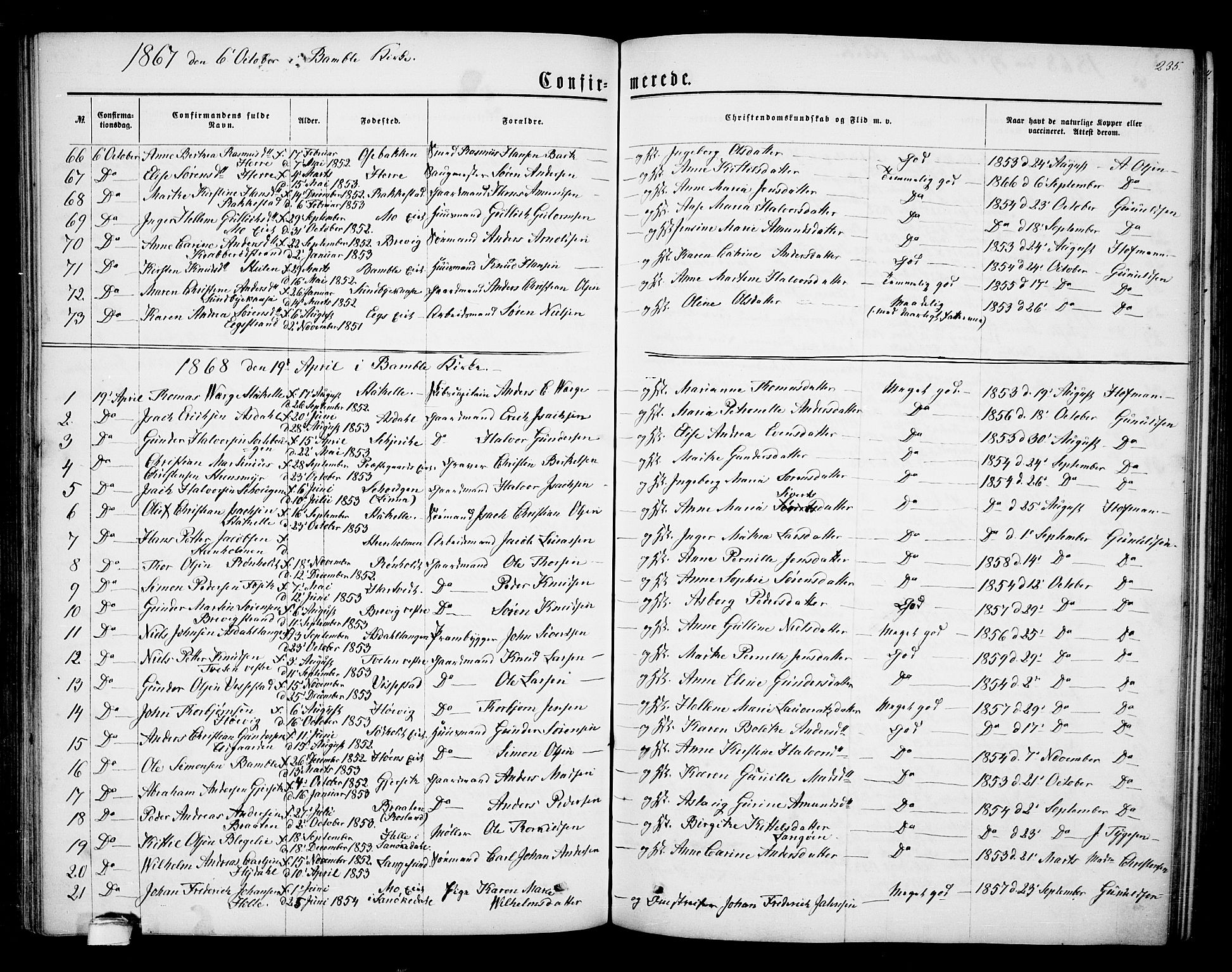Bamble kirkebøker, SAKO/A-253/G/Ga/L0006: Parish register (copy) no. I 6, 1860-1876, p. 235