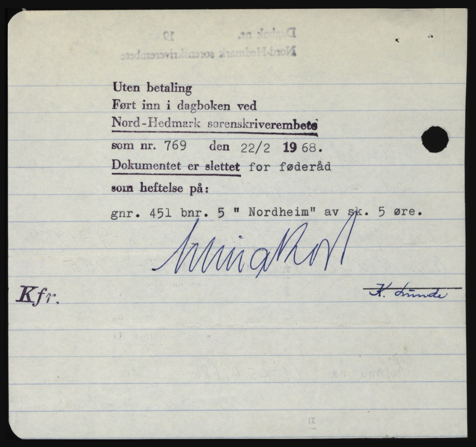 Nord-Hedmark sorenskriveri, SAH/TING-012/H/Hc/L0027: Mortgage book no. 27, 1967-1968, Diary no: : 769/1968