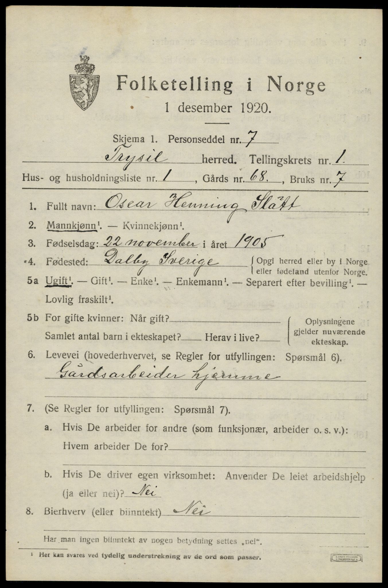 SAH, 1920 census for Trysil, 1920, p. 2549