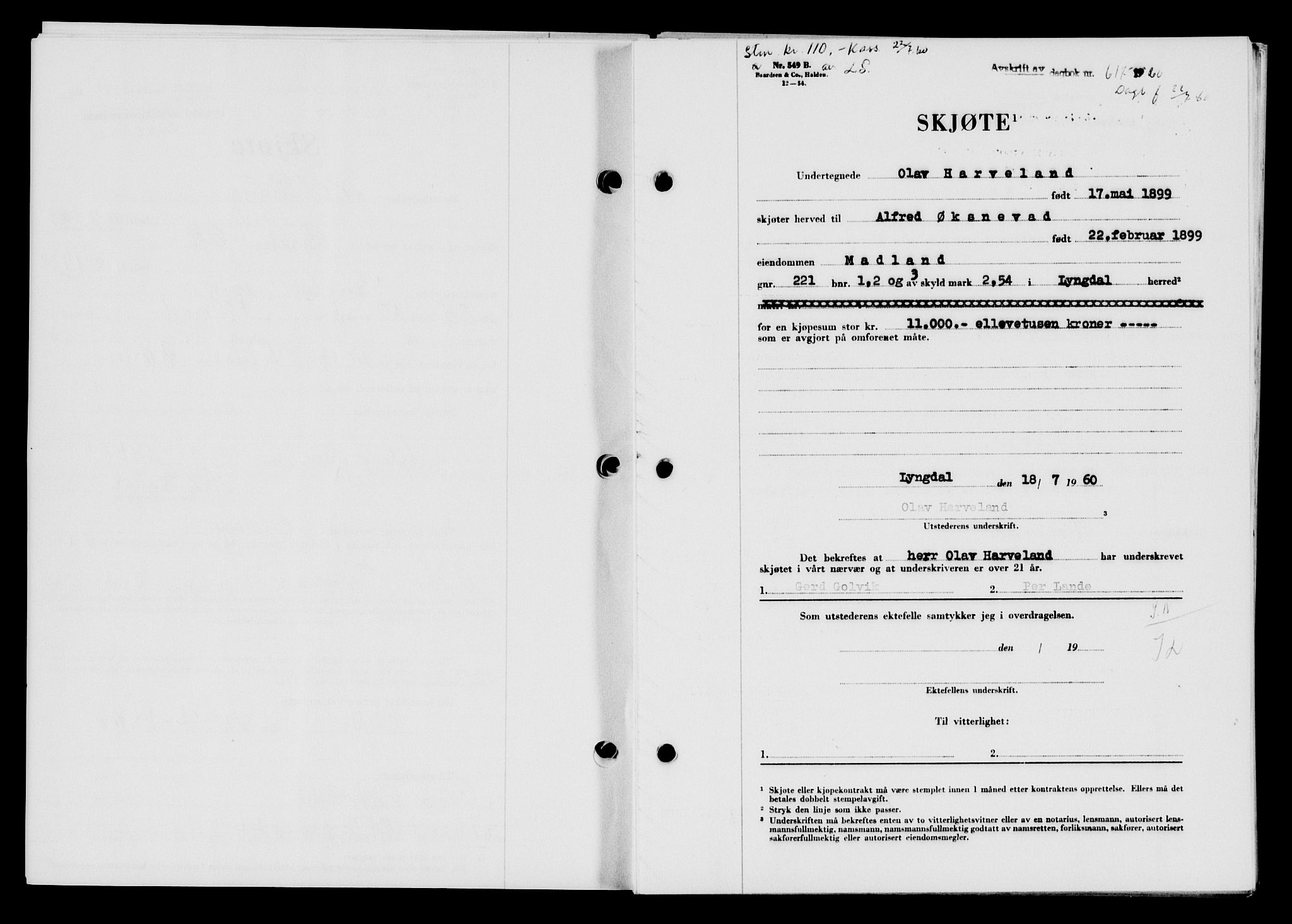 Lyngdal sorenskriveri, AV/SAK-1221-0004/G/Gb/L0680: Mortgage book no. A XXVI, 1960-1960, Diary no: : 617/1960