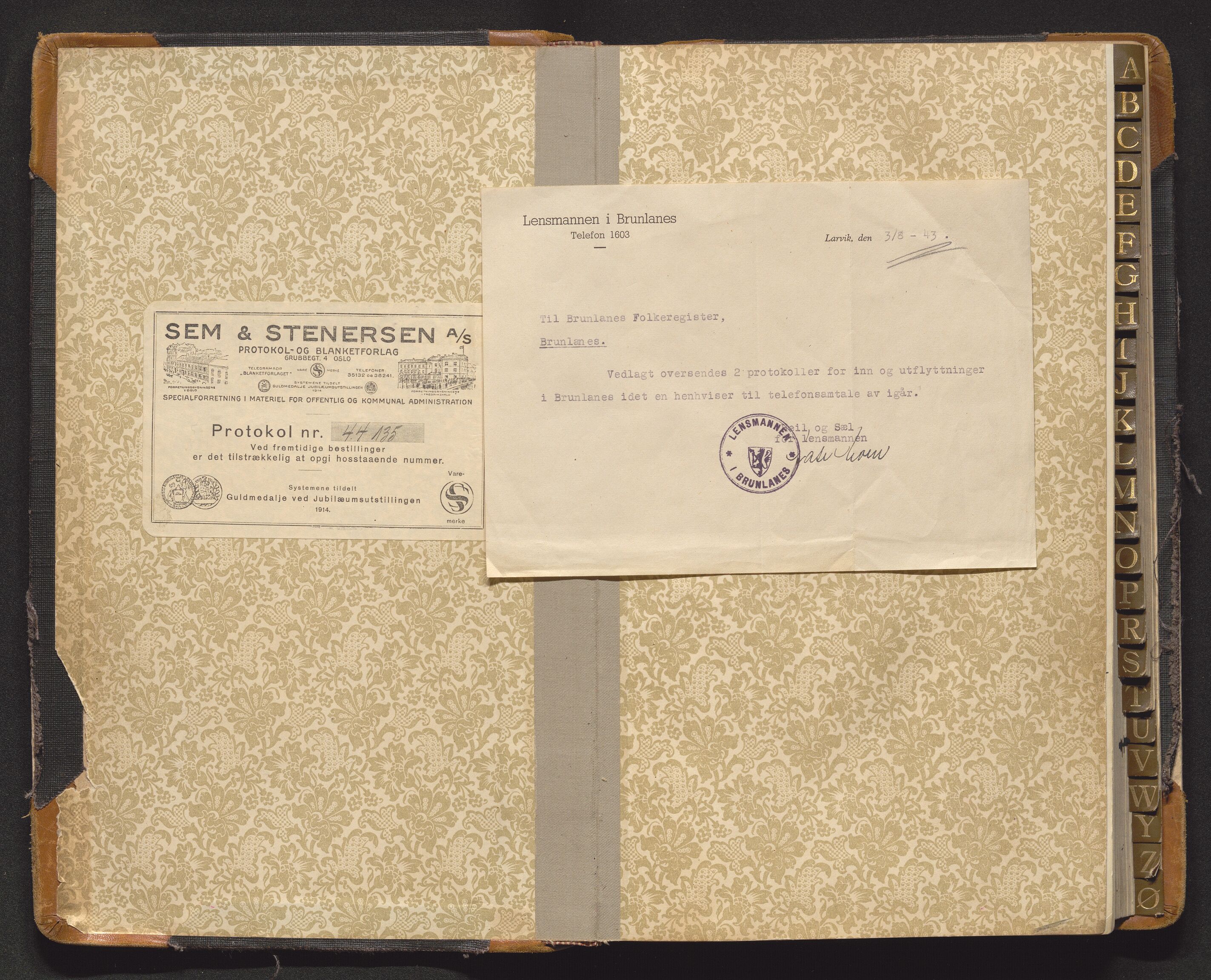 Brunlanes lensmannskontor, SAKO/A-535/O/Oa/L0002: Inn- og utflyttede, 1927-1943
