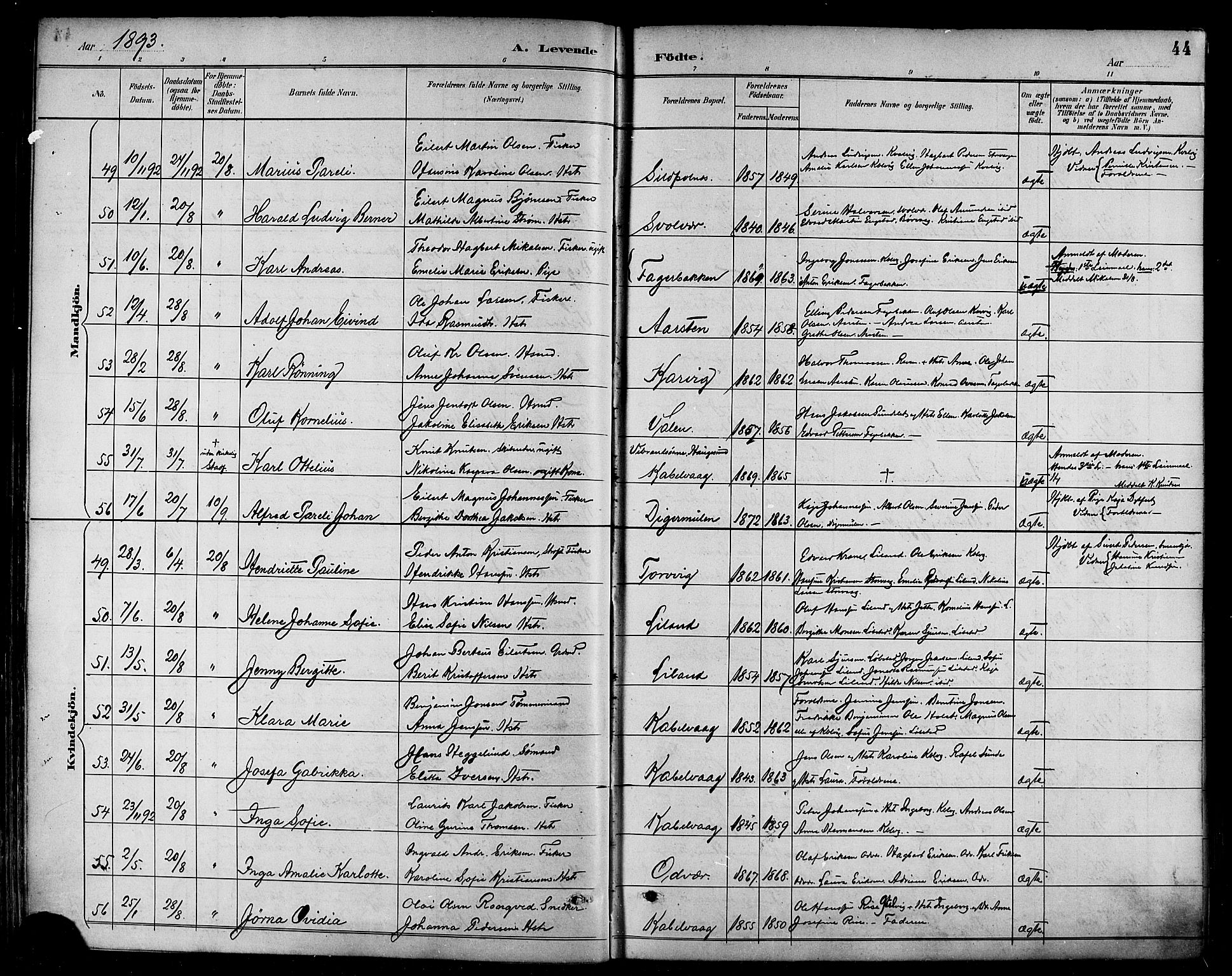 Ministerialprotokoller, klokkerbøker og fødselsregistre - Nordland, AV/SAT-A-1459/874/L1060: Parish register (official) no. 874A04, 1890-1899, p. 44