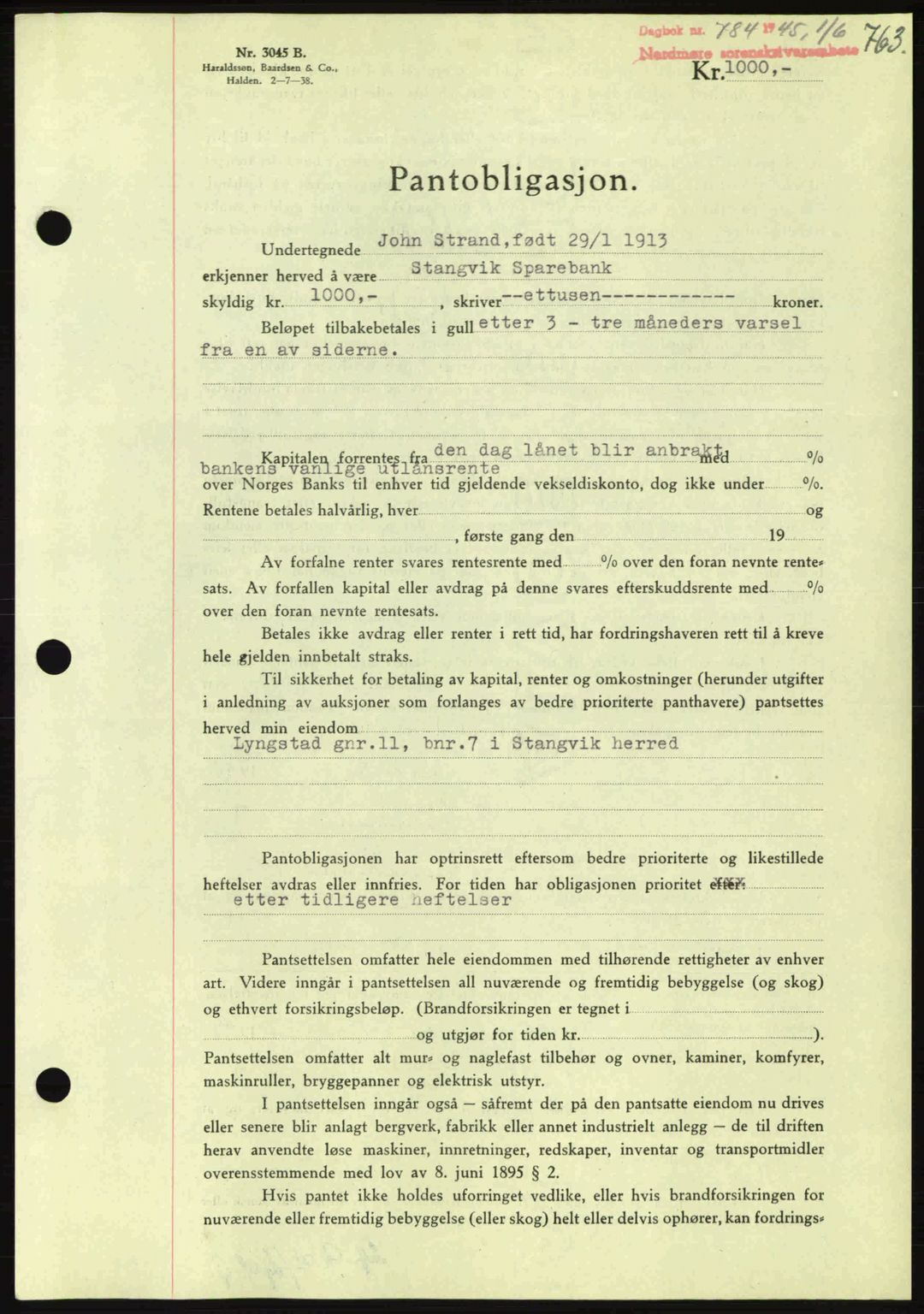 Nordmøre sorenskriveri, AV/SAT-A-4132/1/2/2Ca: Mortgage book no. B92, 1944-1945, Diary no: : 784/1945