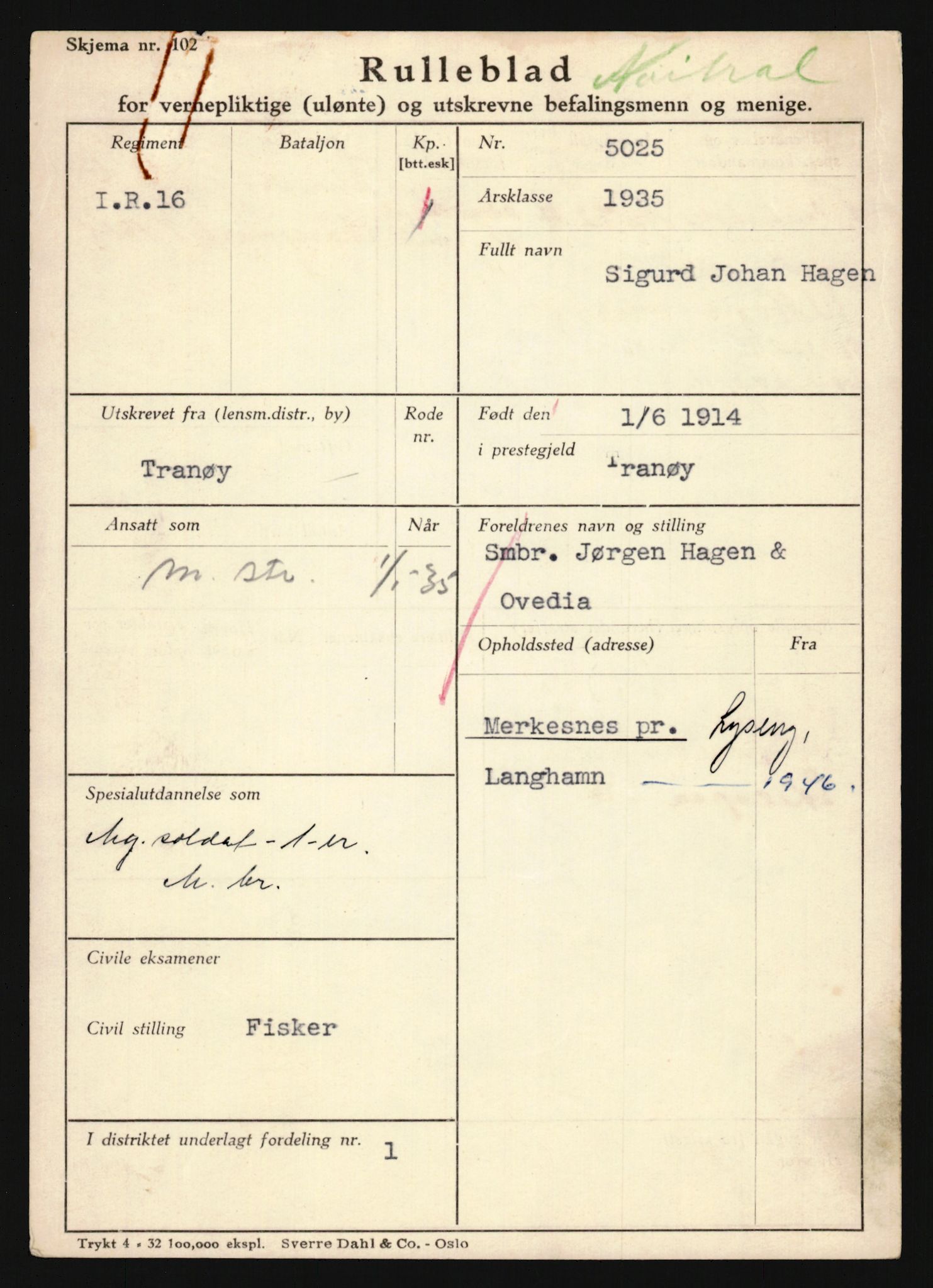 Forsvaret, Troms infanteriregiment nr. 16, AV/RA-RAFA-3146/P/Pa/L0019: Rulleblad for regimentets menige mannskaper, årsklasse 1935, 1935, p. 253