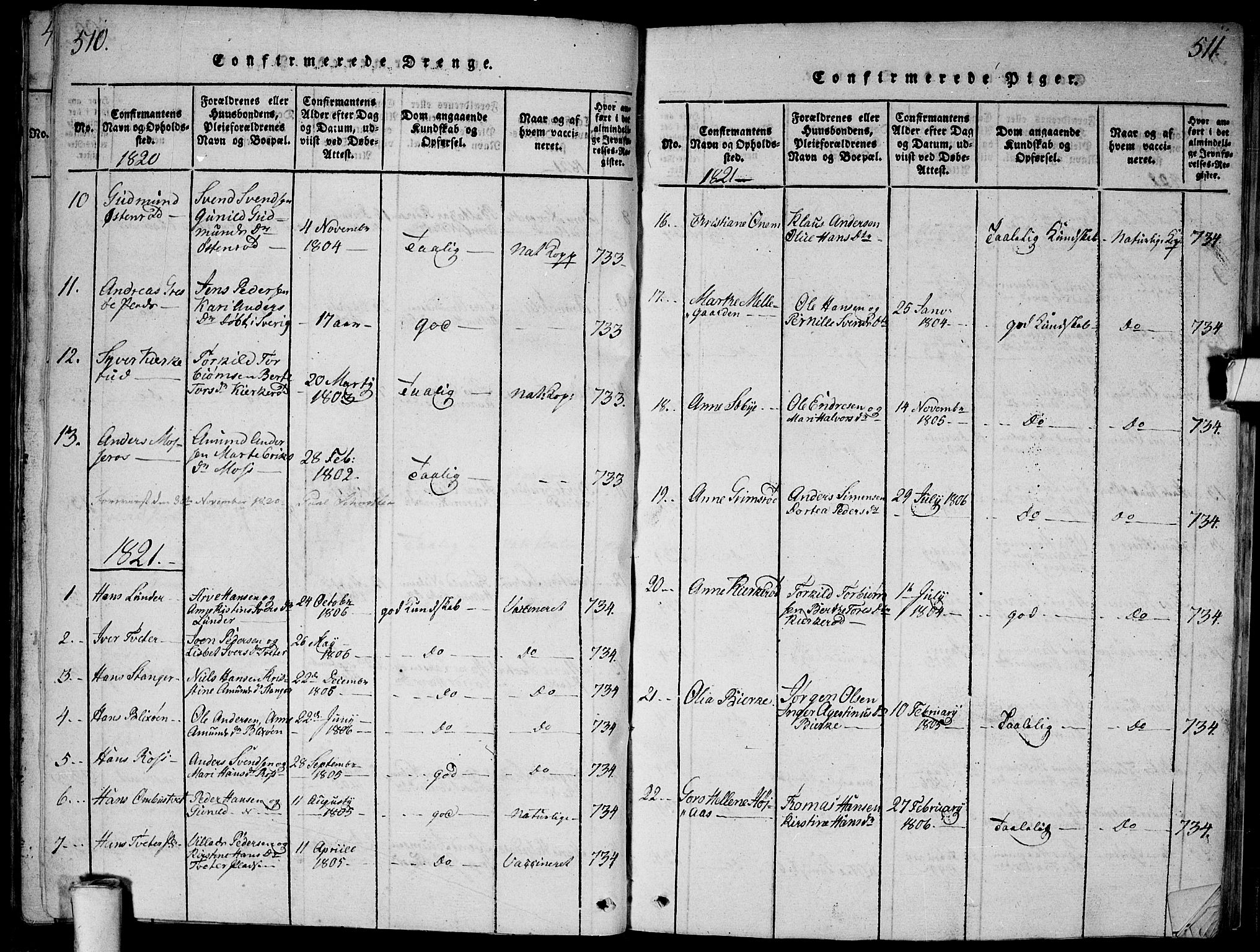 Våler prestekontor Kirkebøker, SAO/A-11083/G/Ga/L0001: Parish register (copy) no. I 1, 1815-1839, p. 510-511