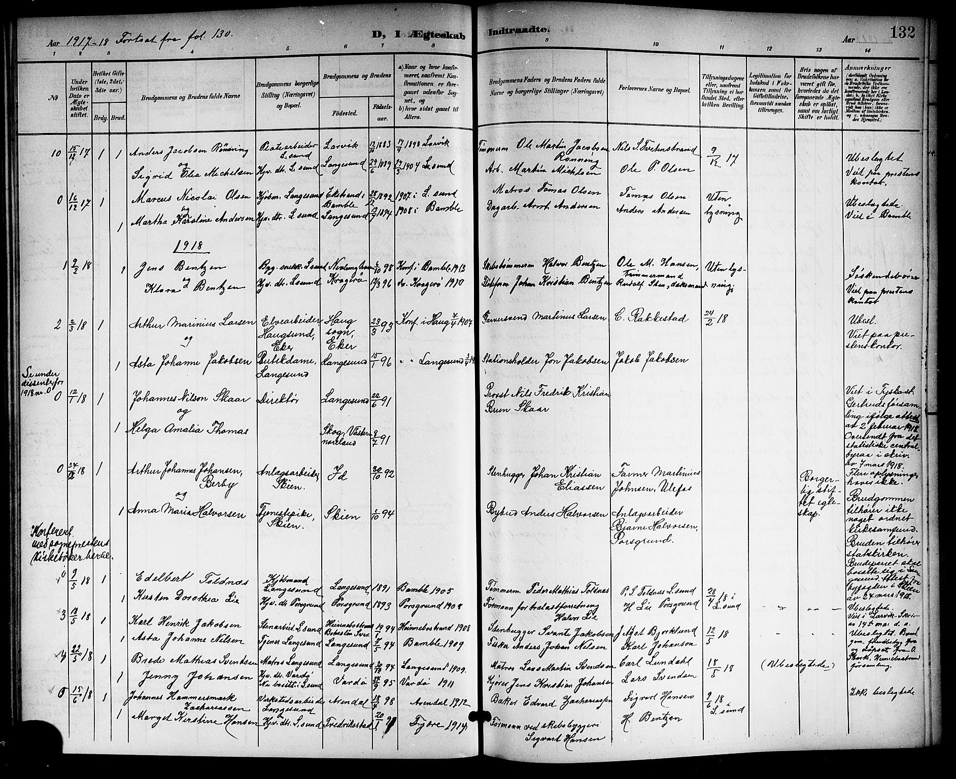 Langesund kirkebøker, SAKO/A-280/G/Ga/L0006: Parish register (copy) no. 6, 1899-1918, p. 132