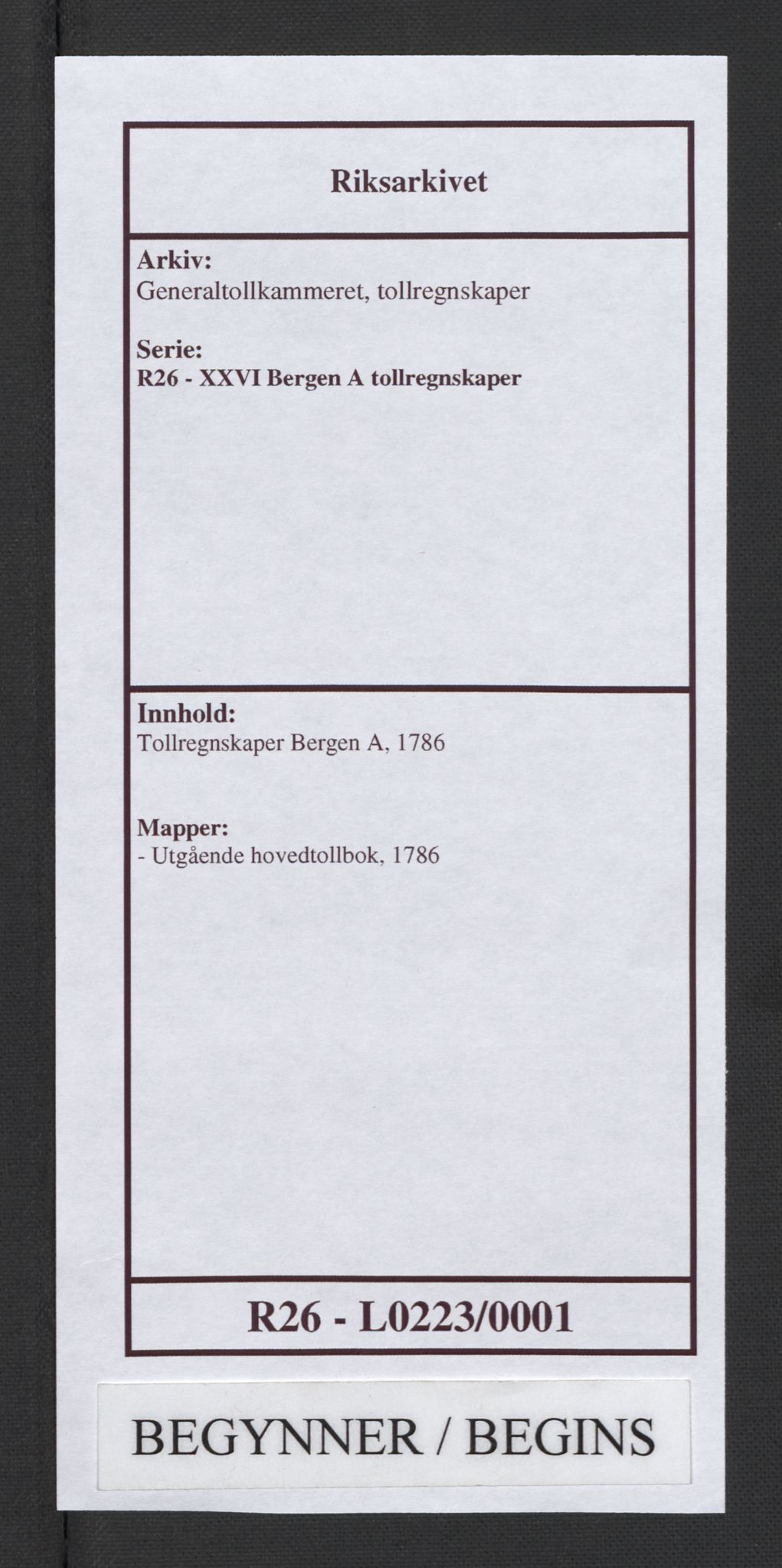 Generaltollkammeret, tollregnskaper, RA/EA-5490/R26/L0223/0001: Tollregnskaper Bergen A / Utgående hovedtollbok, 1786