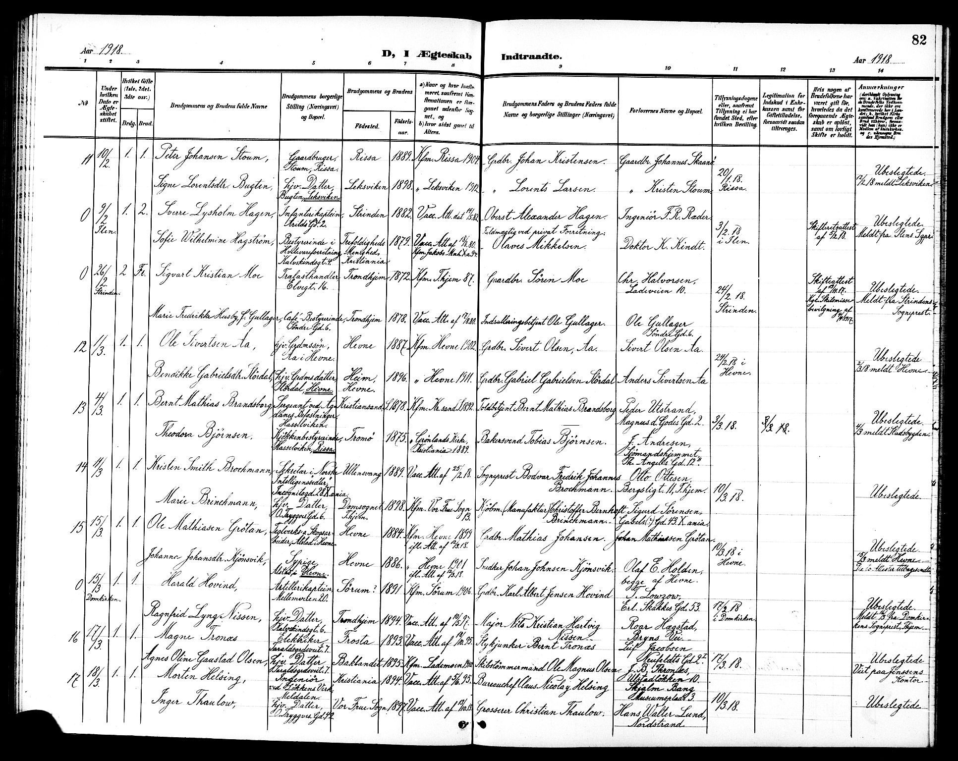 Ministerialprotokoller, klokkerbøker og fødselsregistre - Sør-Trøndelag, SAT/A-1456/602/L0145: Parish register (copy) no. 602C13, 1902-1919, p. 82
