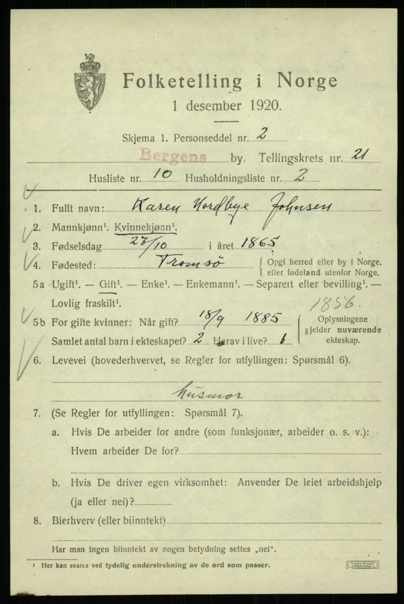 SAB, 1920 census for Bergen, 1920, p. 85063