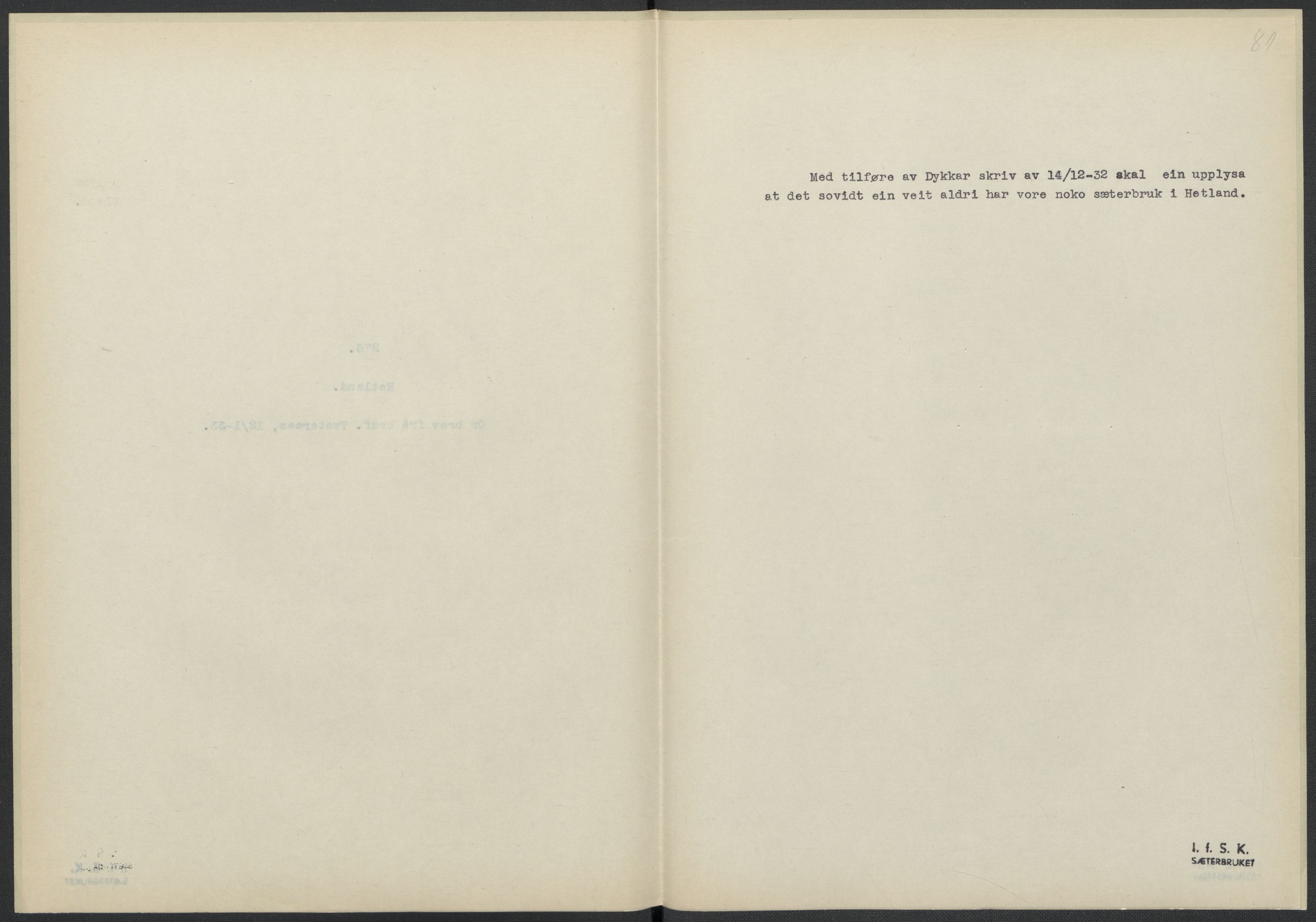 Instituttet for sammenlignende kulturforskning, AV/RA-PA-0424/F/Fc/L0009/0001: Eske B9: / Rogaland (perm XXII), 1932-1935, p. 81