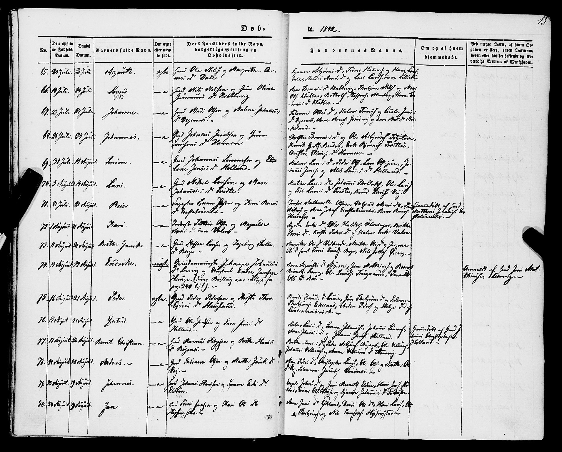 Stord sokneprestembete, AV/SAB-A-78201/H/Haa: Parish register (official) no. A 7, 1841-1861, p. 13