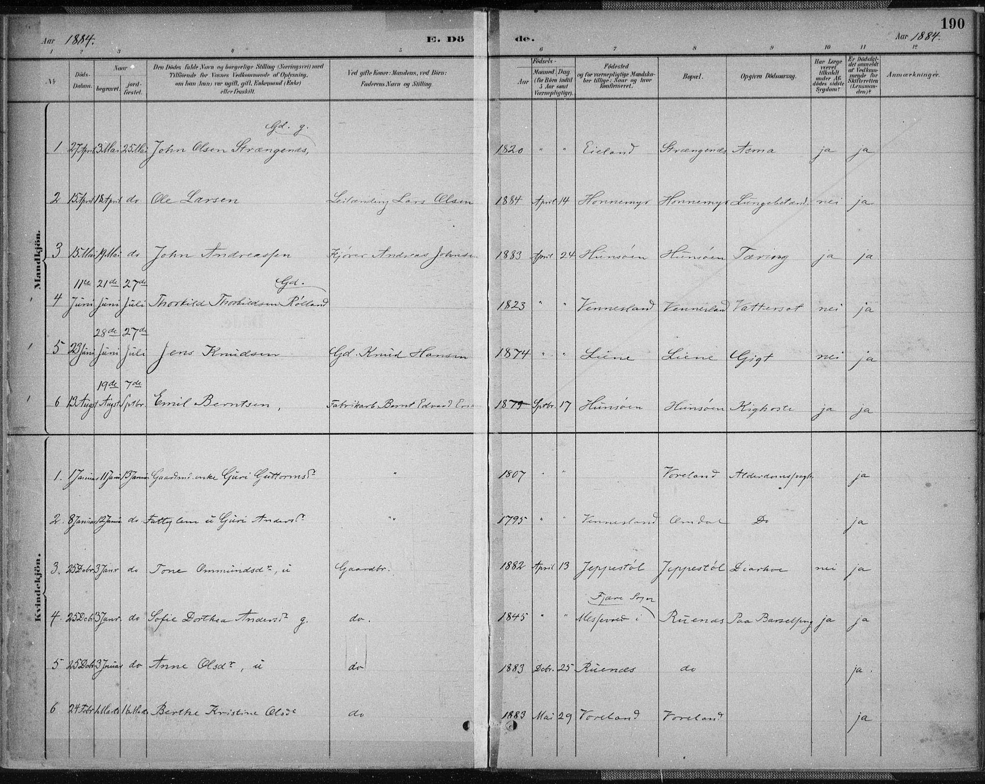 Vennesla sokneprestkontor, AV/SAK-1111-0045/Fa/Fab/L0004: Parish register (official) no. A 4, 1884-1896, p. 190