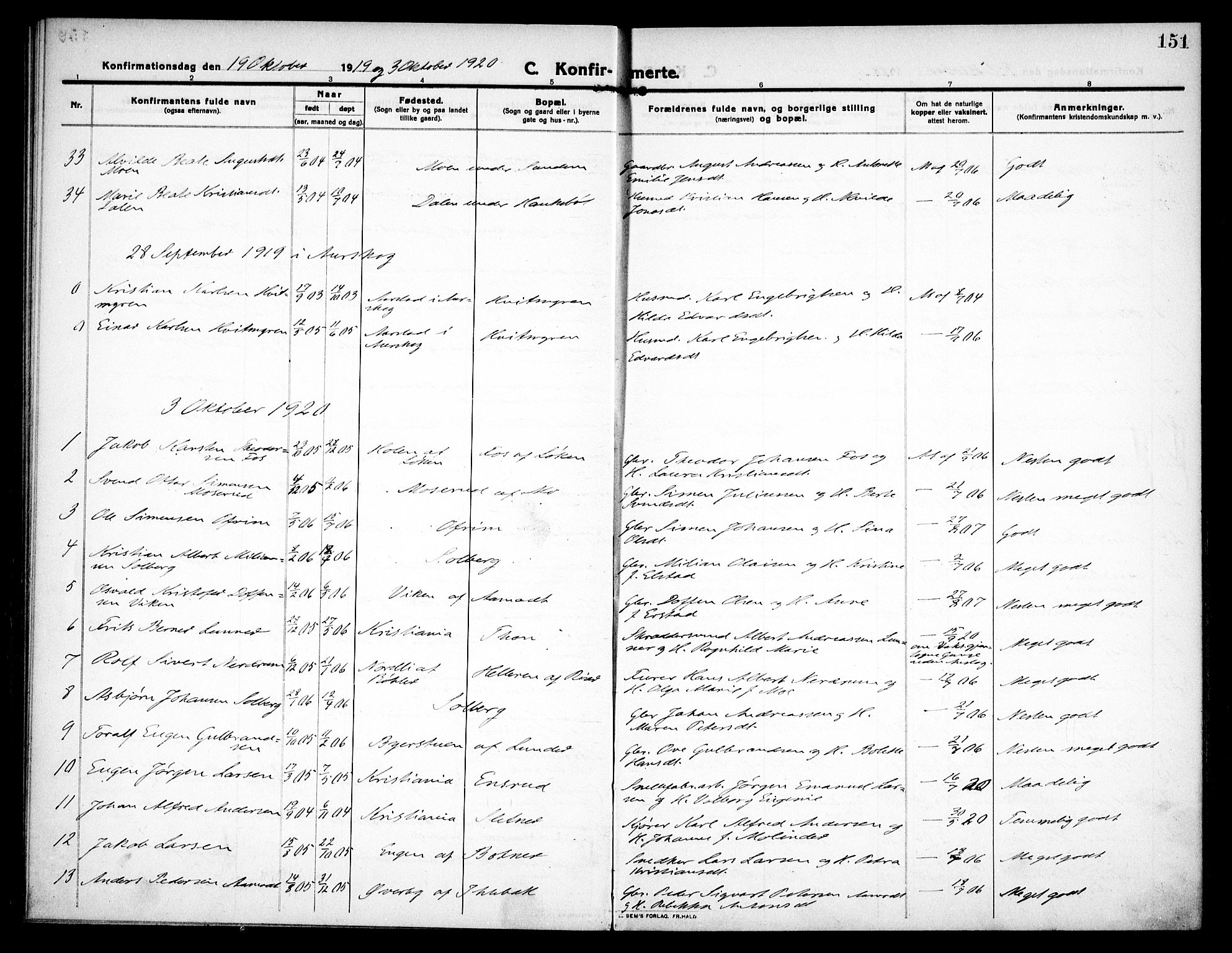 Høland prestekontor Kirkebøker, SAO/A-10346a/F/Fa/L0016: Parish register (official) no. I 16, 1912-1921, p. 151