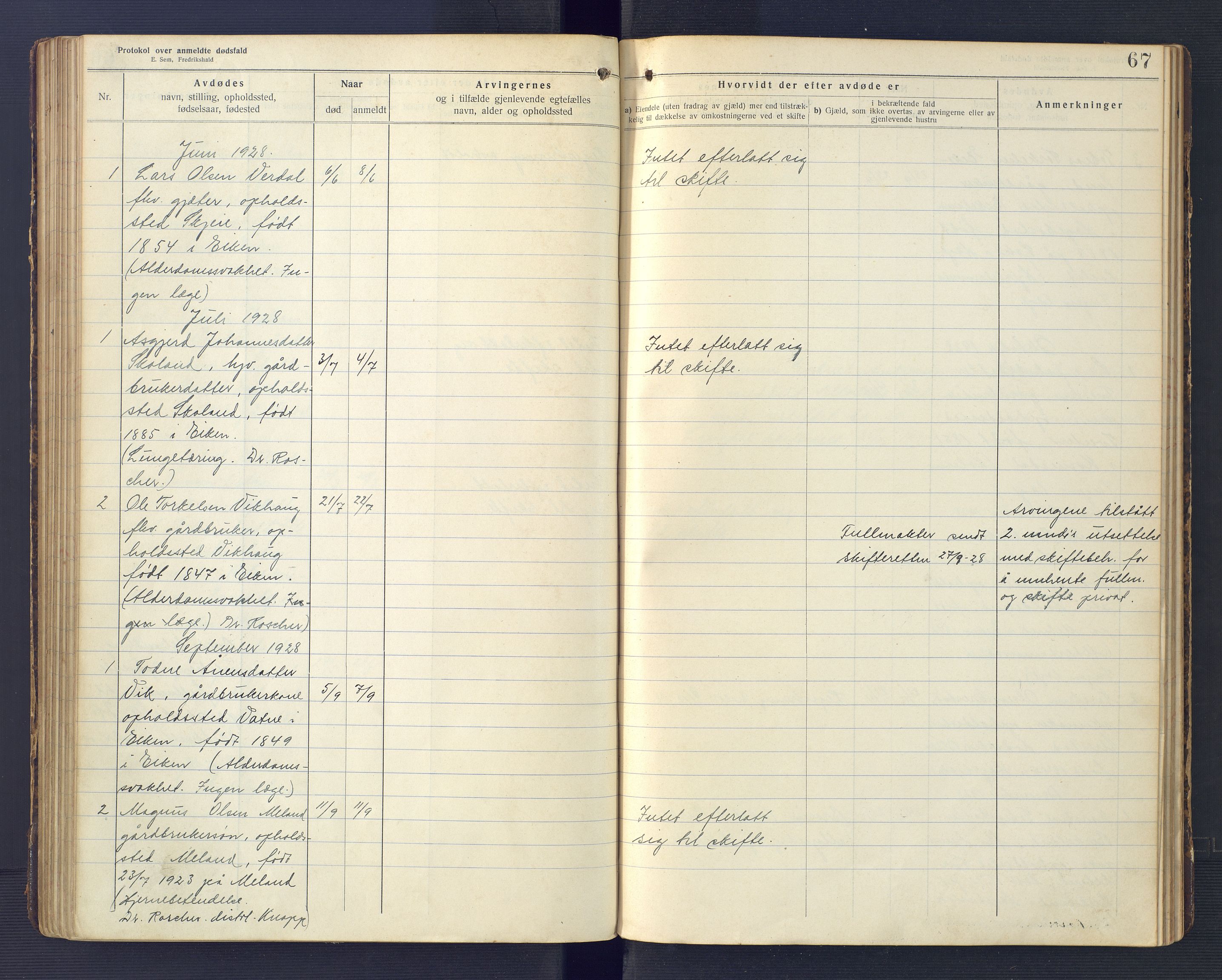 Hægebostad og Eiken lensmannskontor, SAK/1241-0023/F/Fe/L0002: Dødsfallsprotokoll nr 34, 1917-1932, p. 67