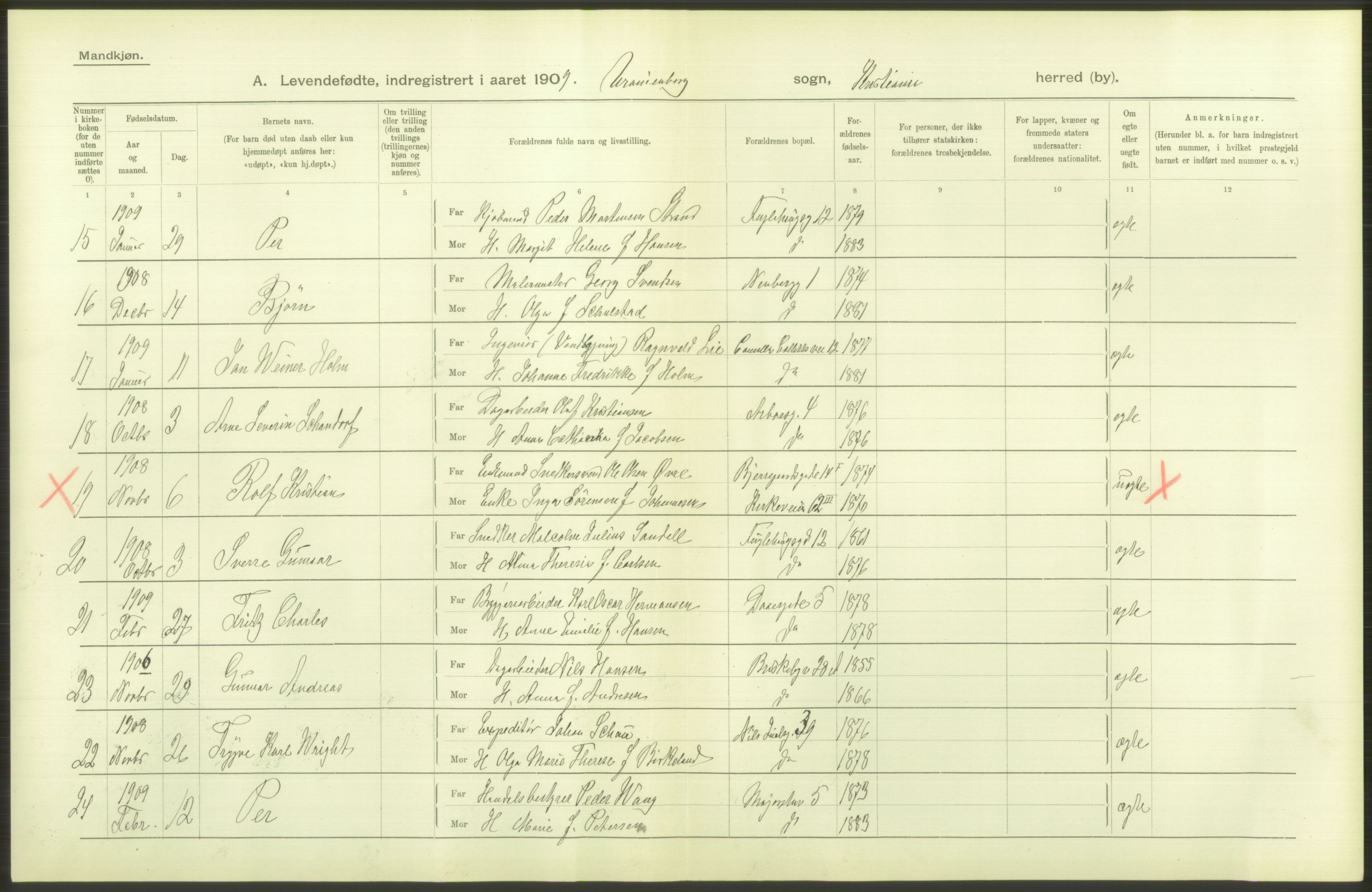 Statistisk sentralbyrå, Sosiodemografiske emner, Befolkning, RA/S-2228/D/Df/Dfa/Dfag/L0007: Kristiania: Levendefødte menn og kvinner., 1909, p. 52