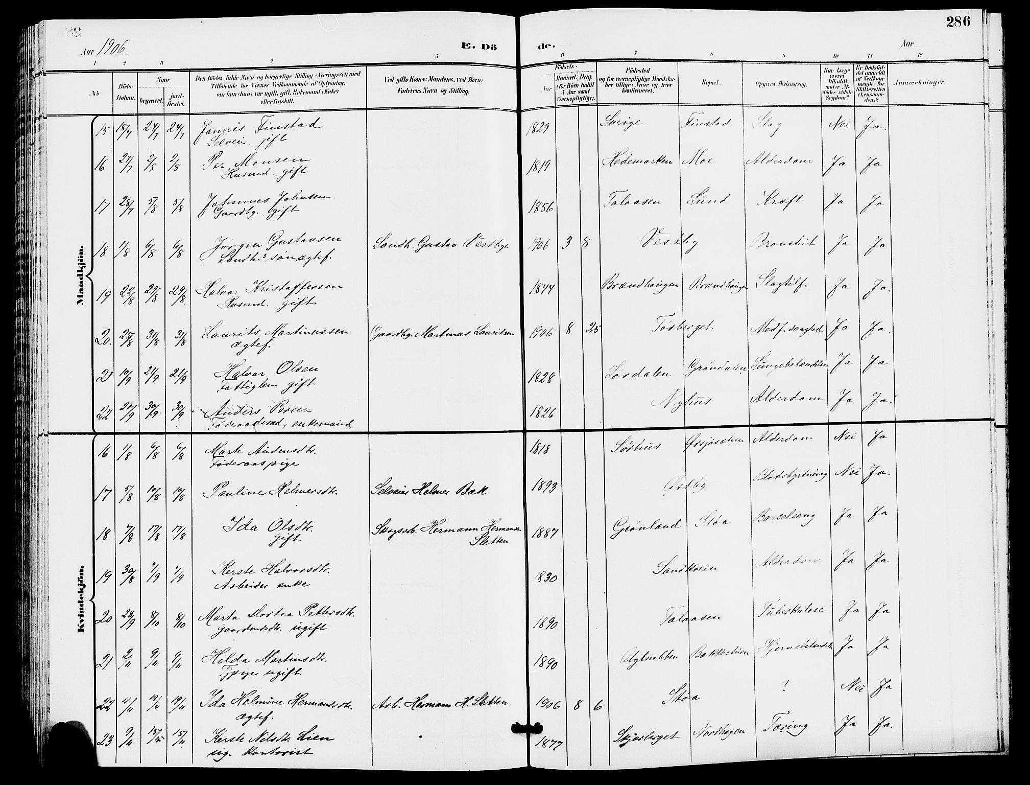 Trysil prestekontor, AV/SAH-PREST-046/H/Ha/Hab/L0006: Parish register (copy) no. 6, 1896-1912, p. 286