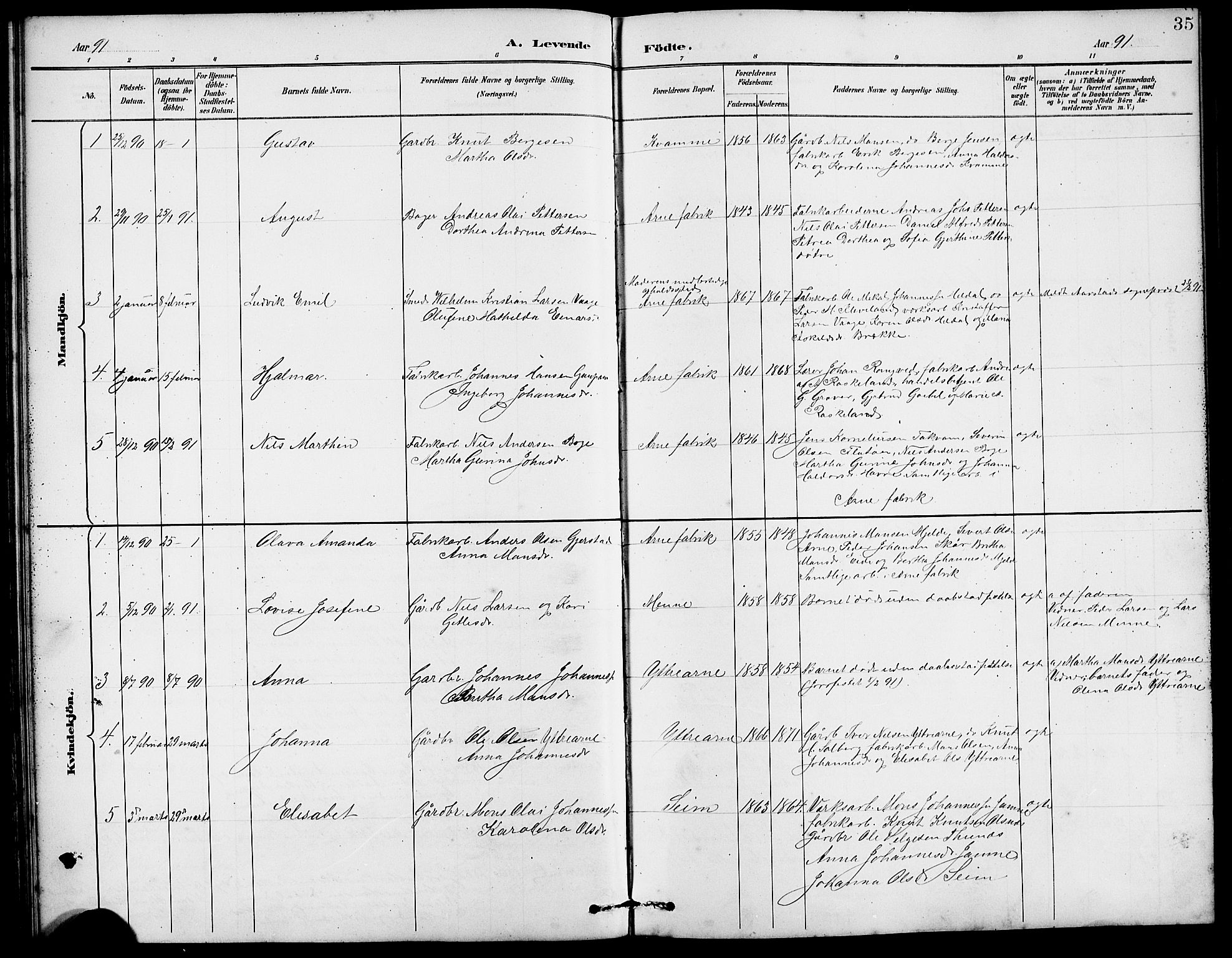 Arna Sokneprestembete, SAB/A-74001/H/Ha/Hab: Parish register (copy) no. A 3, 1887-1897, p. 35