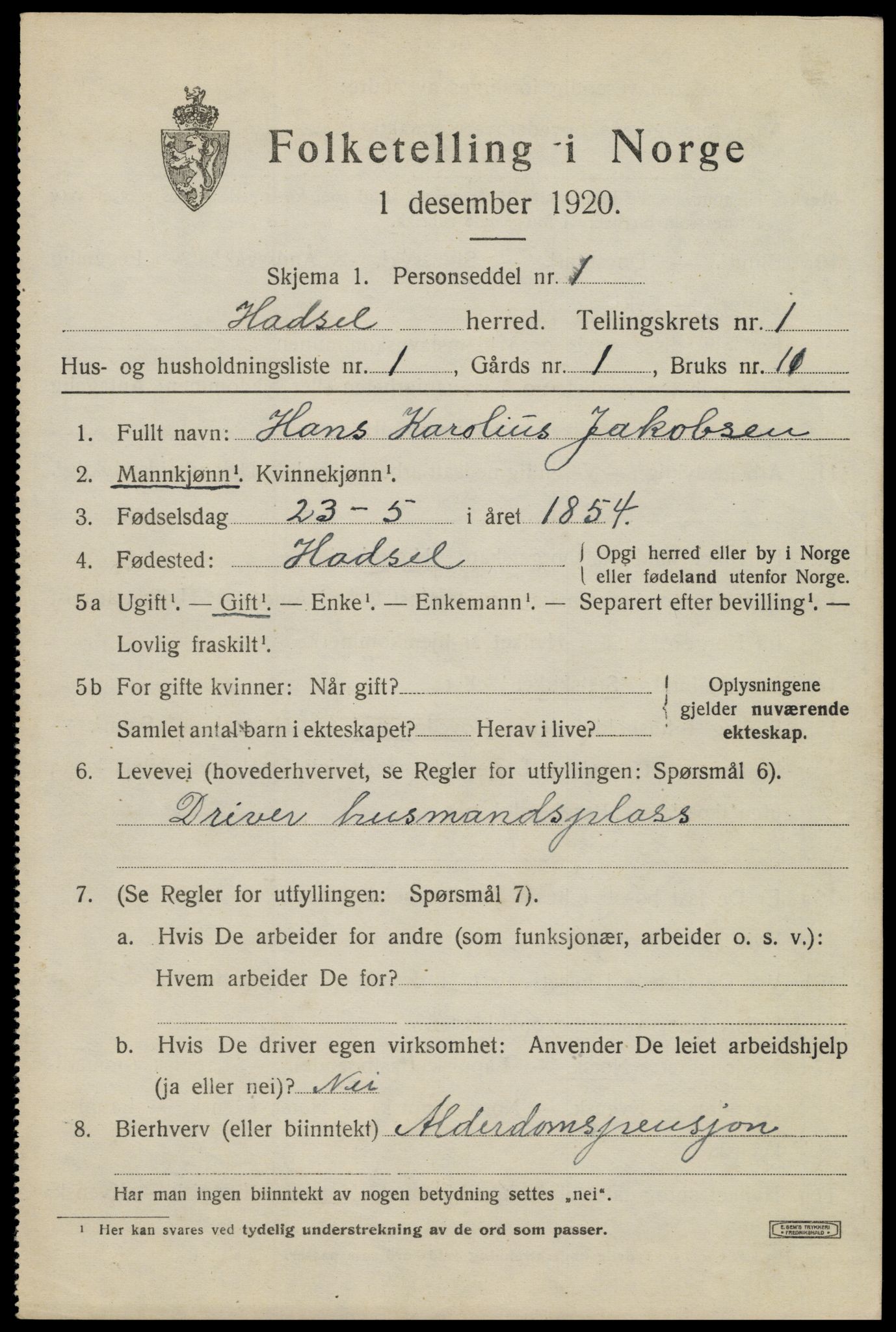 SAT, 1920 census for Hadsel, 1920, p. 3394