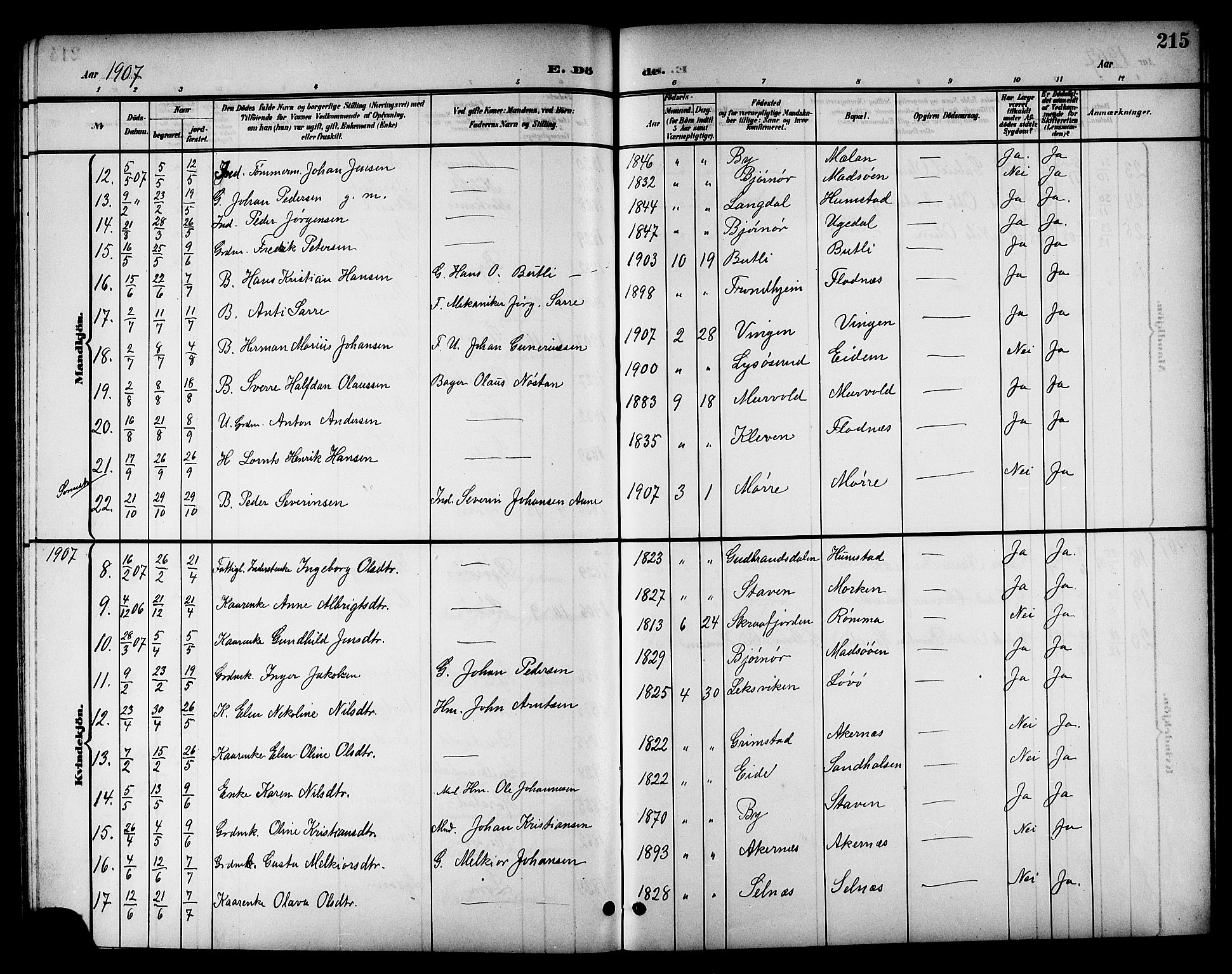 Ministerialprotokoller, klokkerbøker og fødselsregistre - Sør-Trøndelag, SAT/A-1456/655/L0688: Parish register (copy) no. 655C04, 1899-1922, p. 215