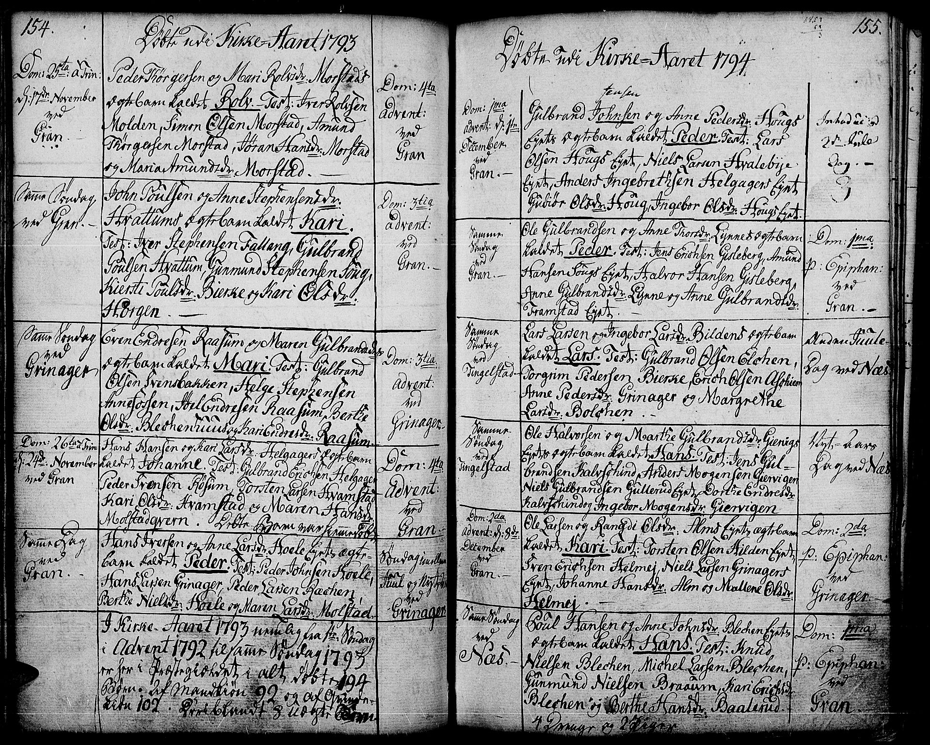 Gran prestekontor, AV/SAH-PREST-112/H/Ha/Haa/L0006: Parish register (official) no. 6, 1787-1824, p. 154-155