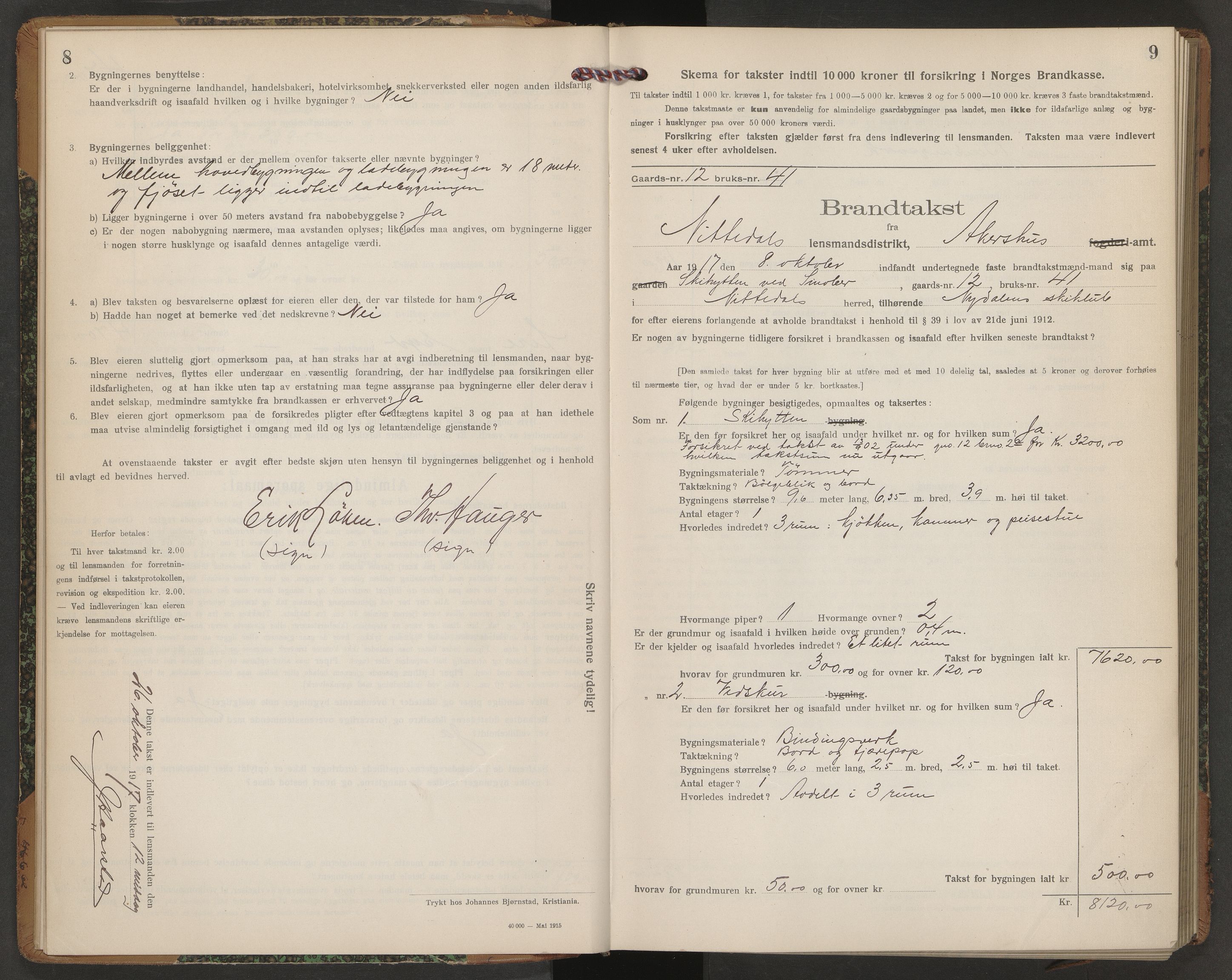Norges brannkasse, branntakster Nittedal, AV/SAO-A-11394/F/Fb/L0001: Branntakstprotokoll, 1917-1930
