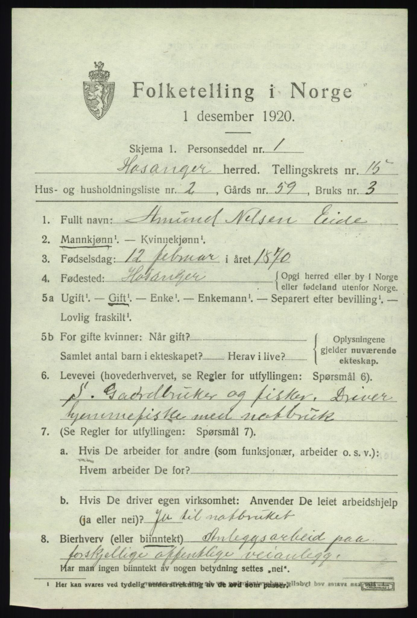 SAB, 1920 census for Hosanger, 1920, p. 5853