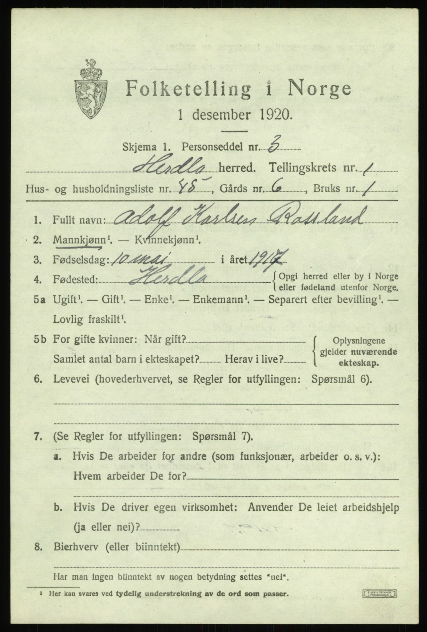 SAB, 1920 census for Herdla, 1920, p. 1817