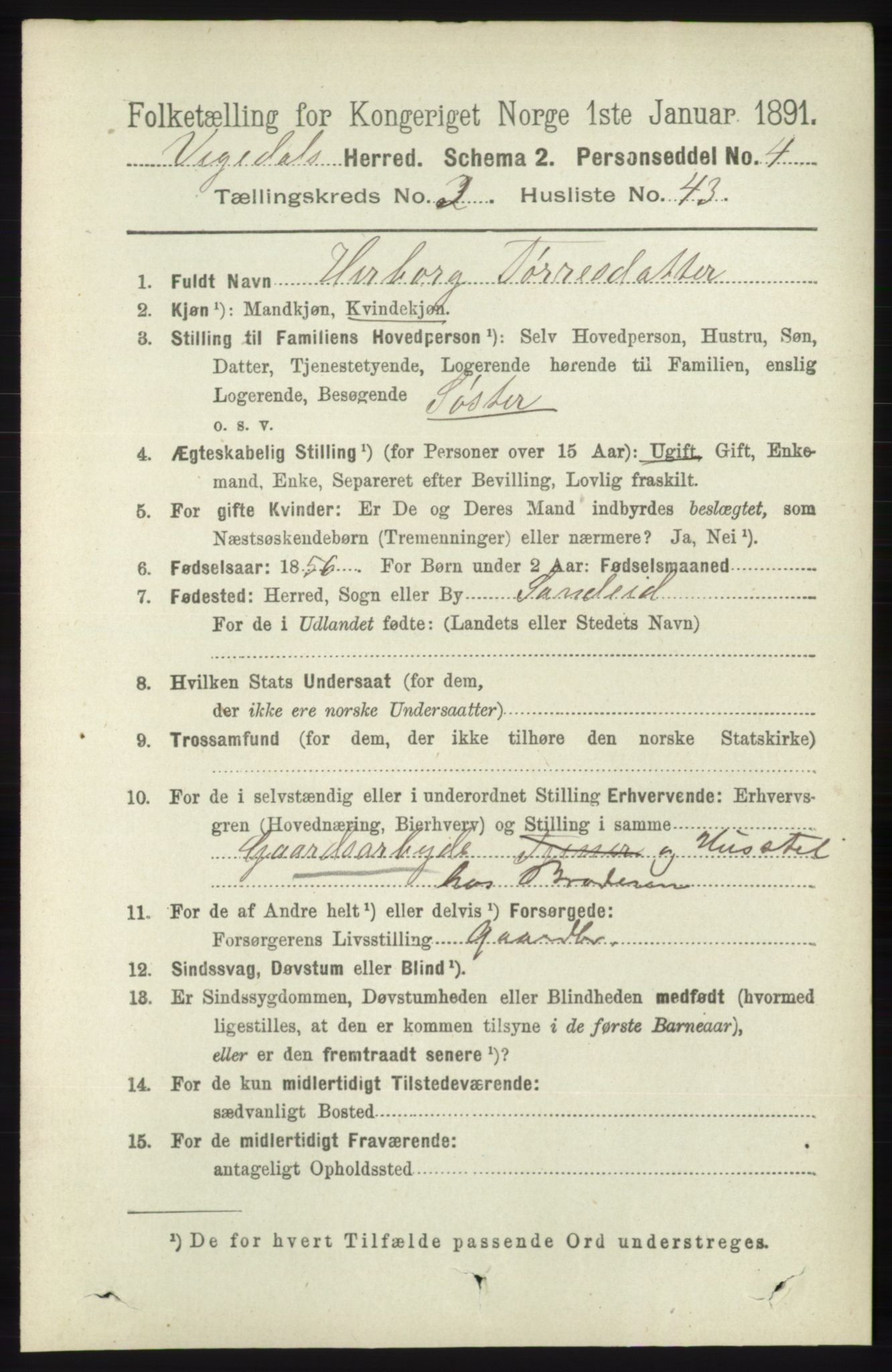 RA, 1891 census for 1157 Vikedal, 1891, p. 889