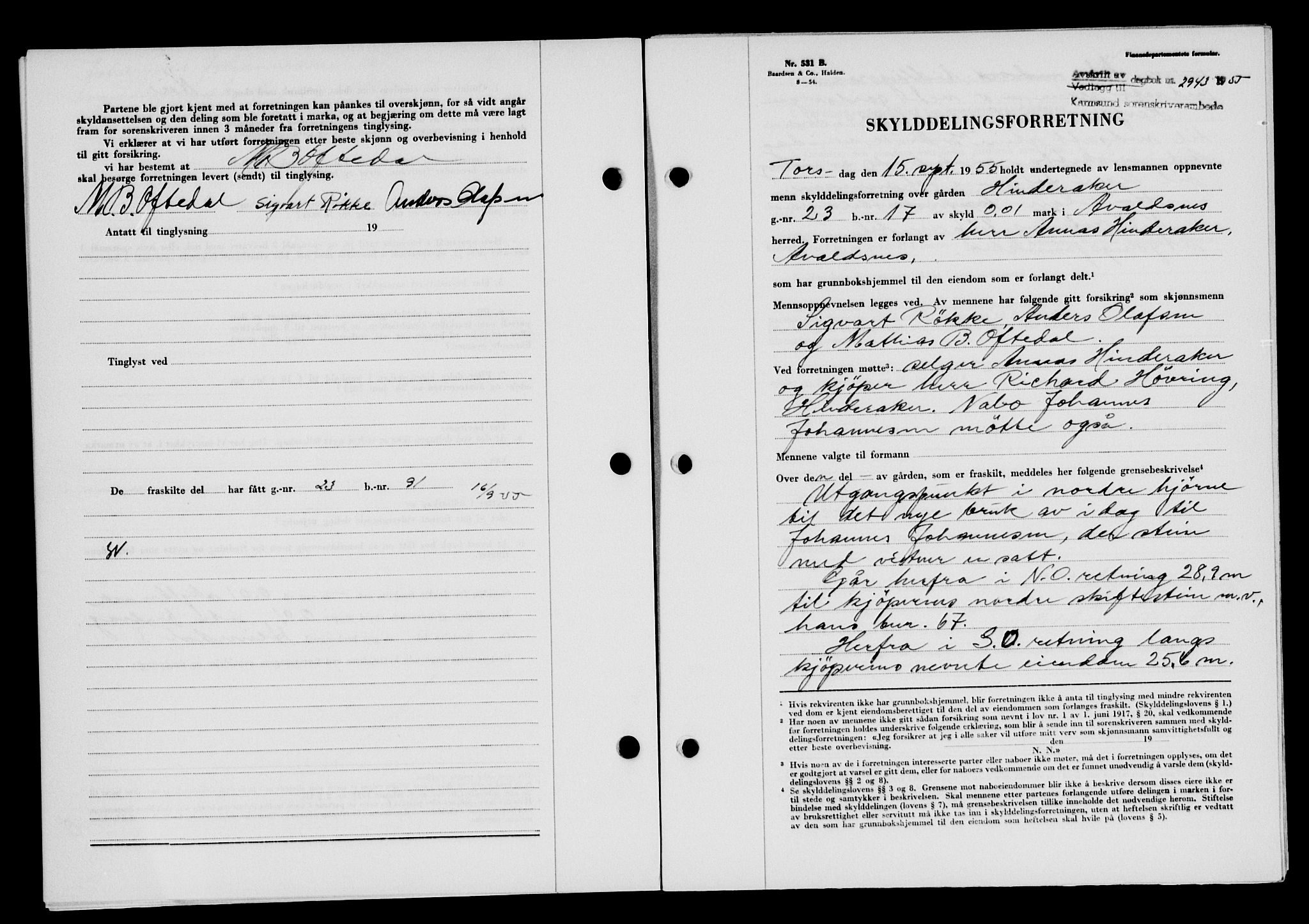 Karmsund sorenskriveri, SAST/A-100311/01/II/IIB/L0117: Mortgage book no. 97Aa, 1955-1955, Diary no: : 2943/1955