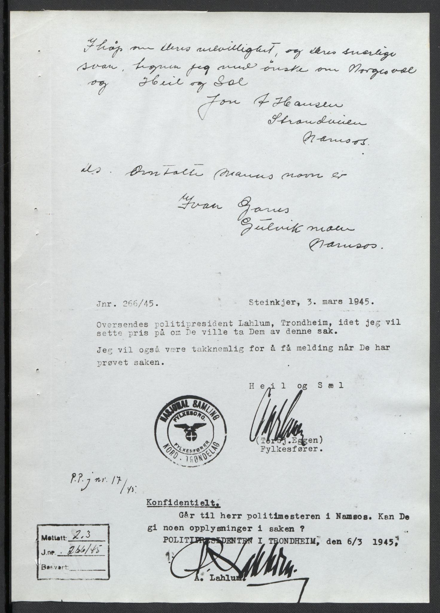 Landssvikarkivet, Oslo politikammer, AV/RA-S-3138-01/D/Da/L0003: Dnr. 29, 1945, p. 1315