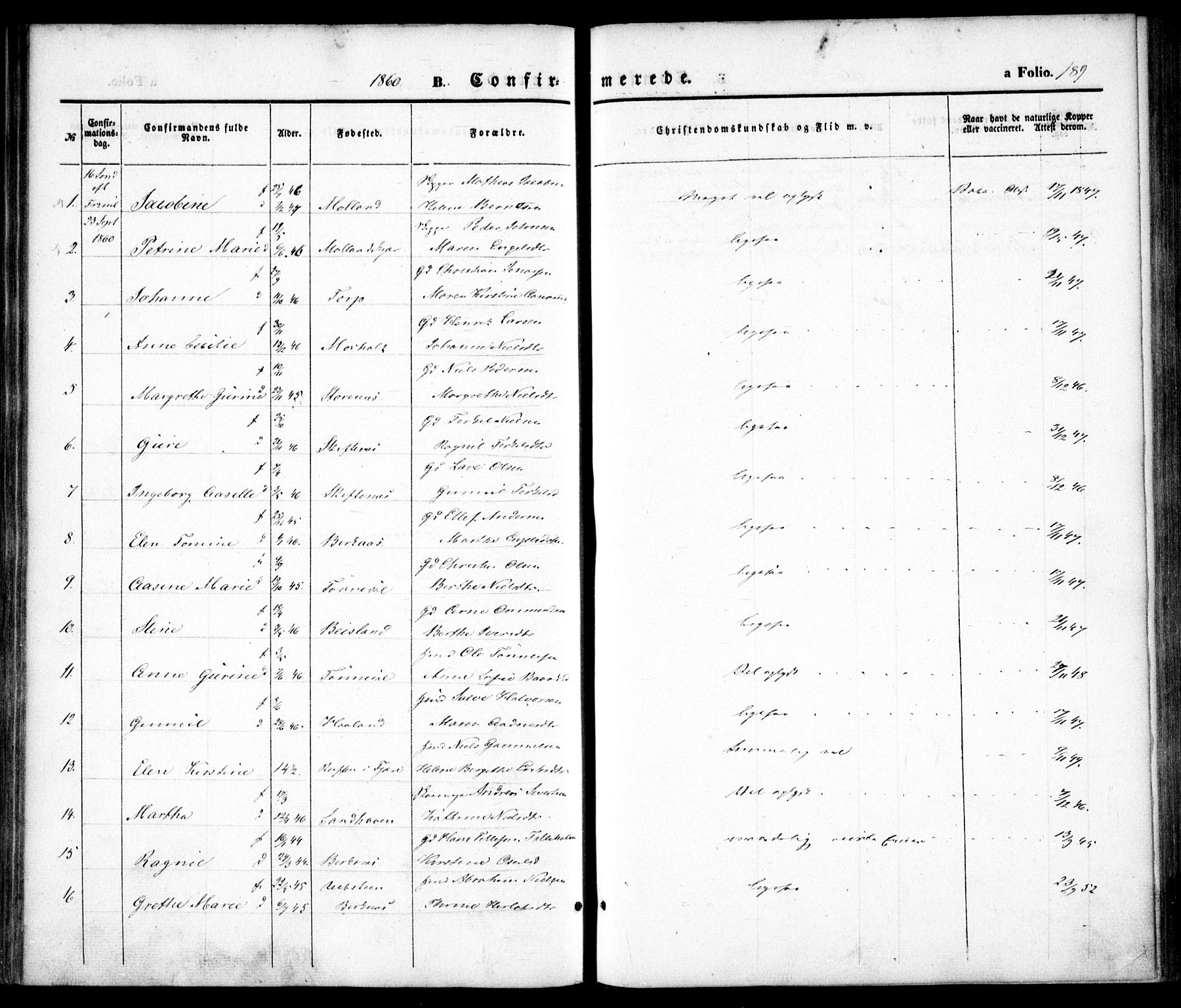 Hommedal sokneprestkontor, AV/SAK-1111-0023/F/Fa/Fab/L0004: Parish register (official) no. A 4, 1848-1860, p. 189