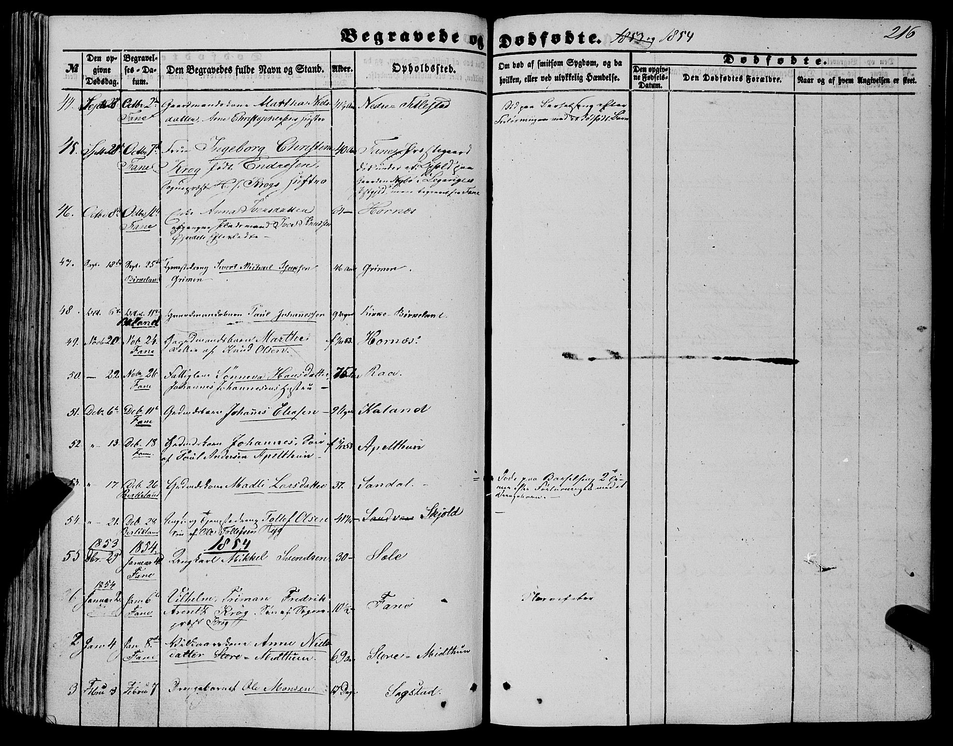 Fana Sokneprestembete, SAB/A-75101/H/Haa/Haaa/L0011: Parish register (official) no. A 11, 1851-1862, p. 216