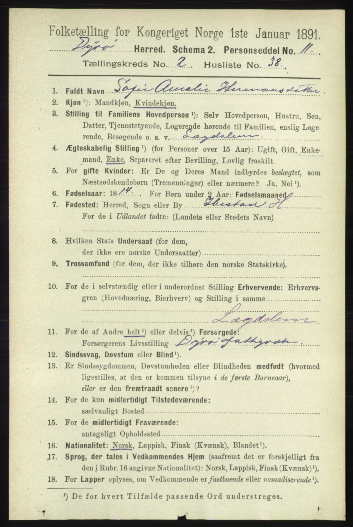 RA, 1891 census for 1926 Dyrøy, 1891, p. 807