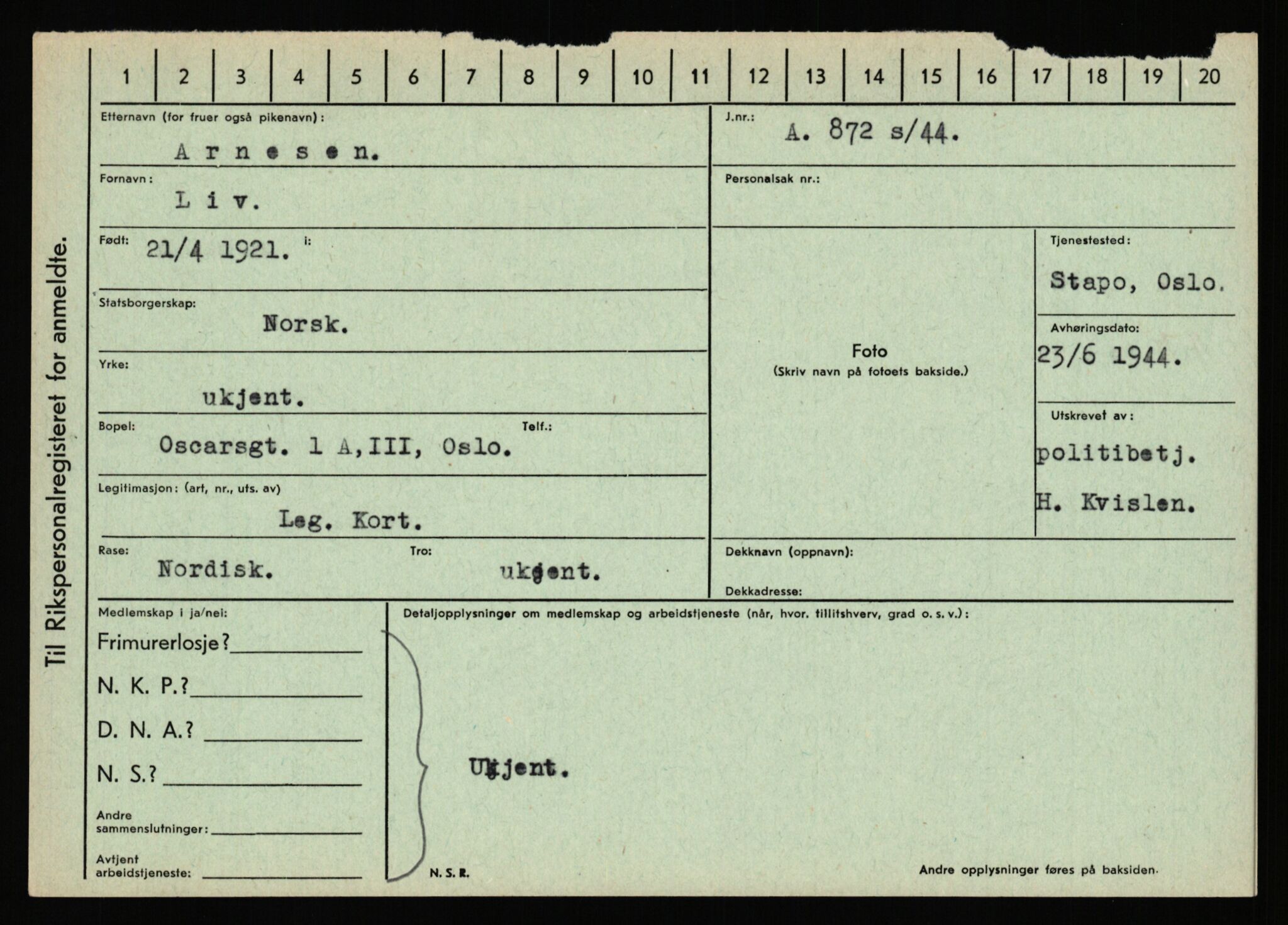 Statspolitiet - Hovedkontoret / Osloavdelingen, AV/RA-S-1329/C/Ca/L0002: Arneberg - Brand, 1943-1945, p. 136