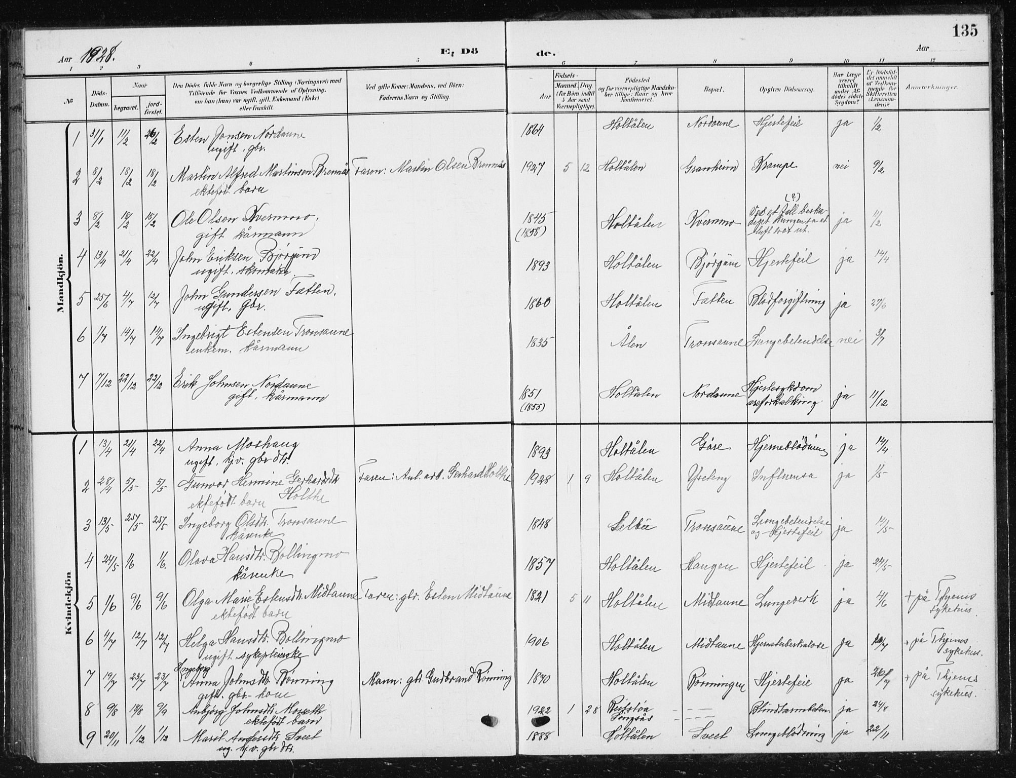 Ministerialprotokoller, klokkerbøker og fødselsregistre - Sør-Trøndelag, SAT/A-1456/685/L0979: Parish register (copy) no. 685C04, 1908-1933, p. 135